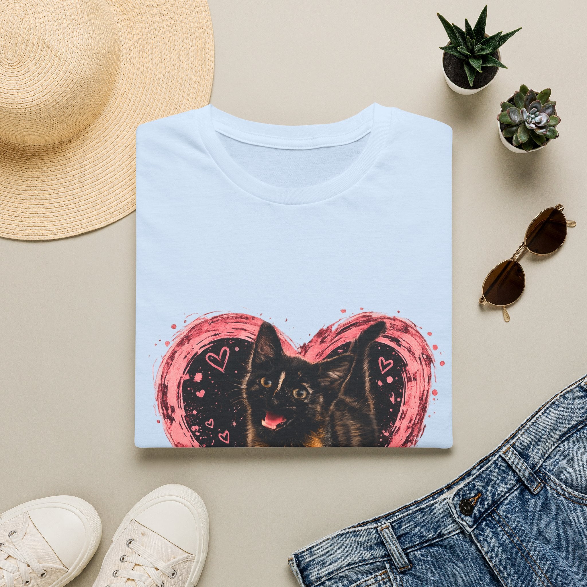 Black Cat in Pink Heart T-Shirt | Cute Cat Portrait Tee