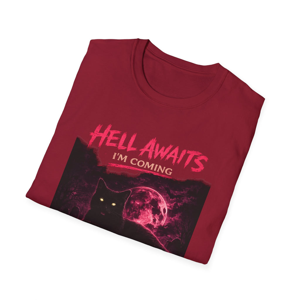 Hell Awaits I'm Coming cat graphic T-Shirt | Gothic moon, neon pink horror