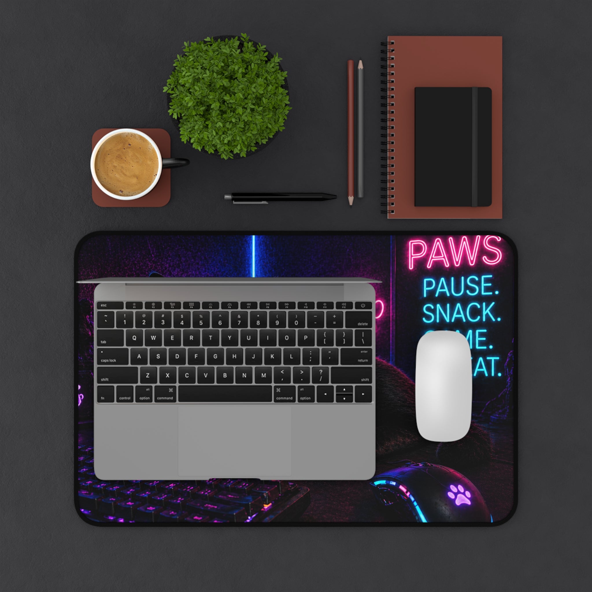 Paws Pause Snack Game Repeat Black Cat Desk Mat | Gaming Mouse Pad