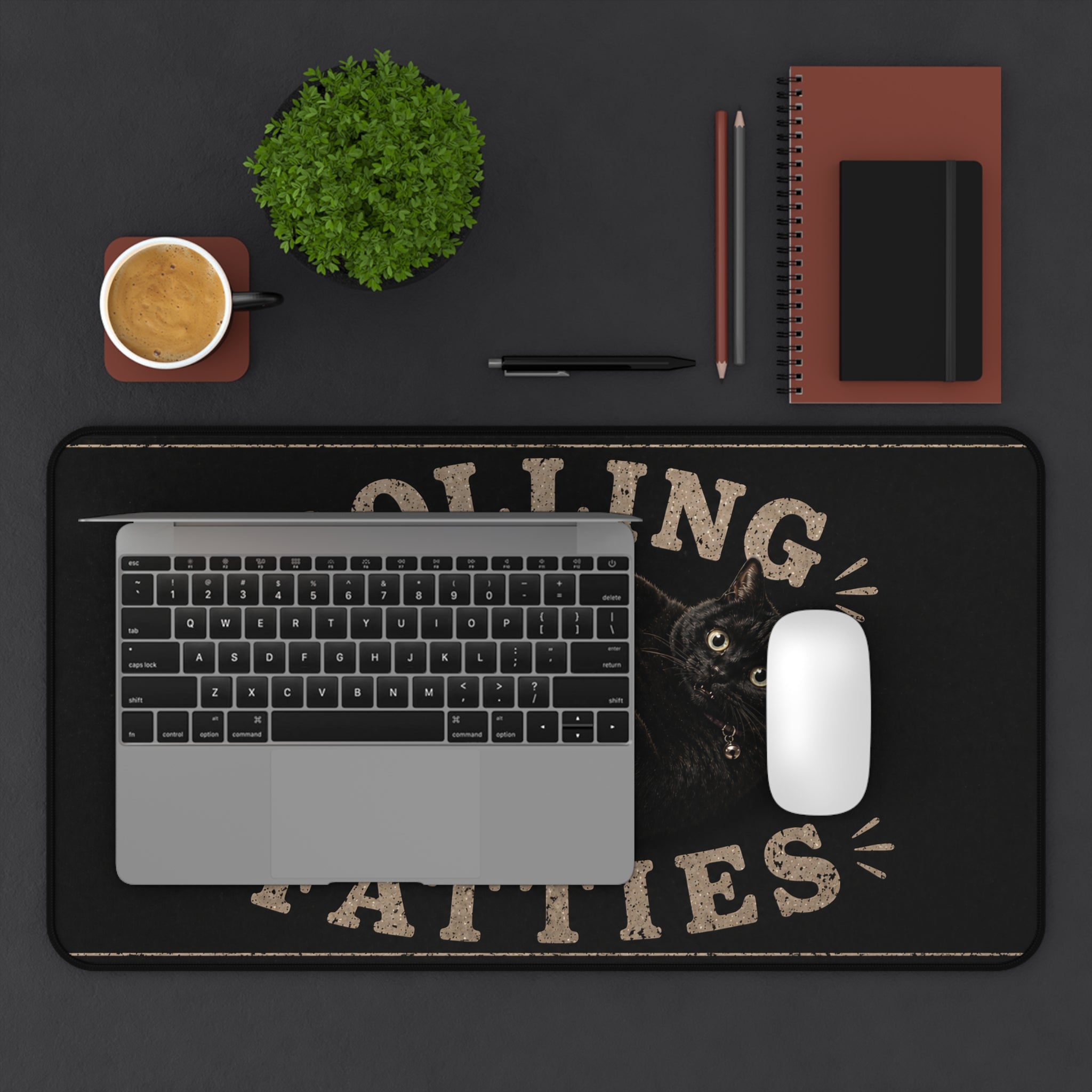 Rolling Fatties black cat illustration Desk Mat | cute chubby cat mousepad