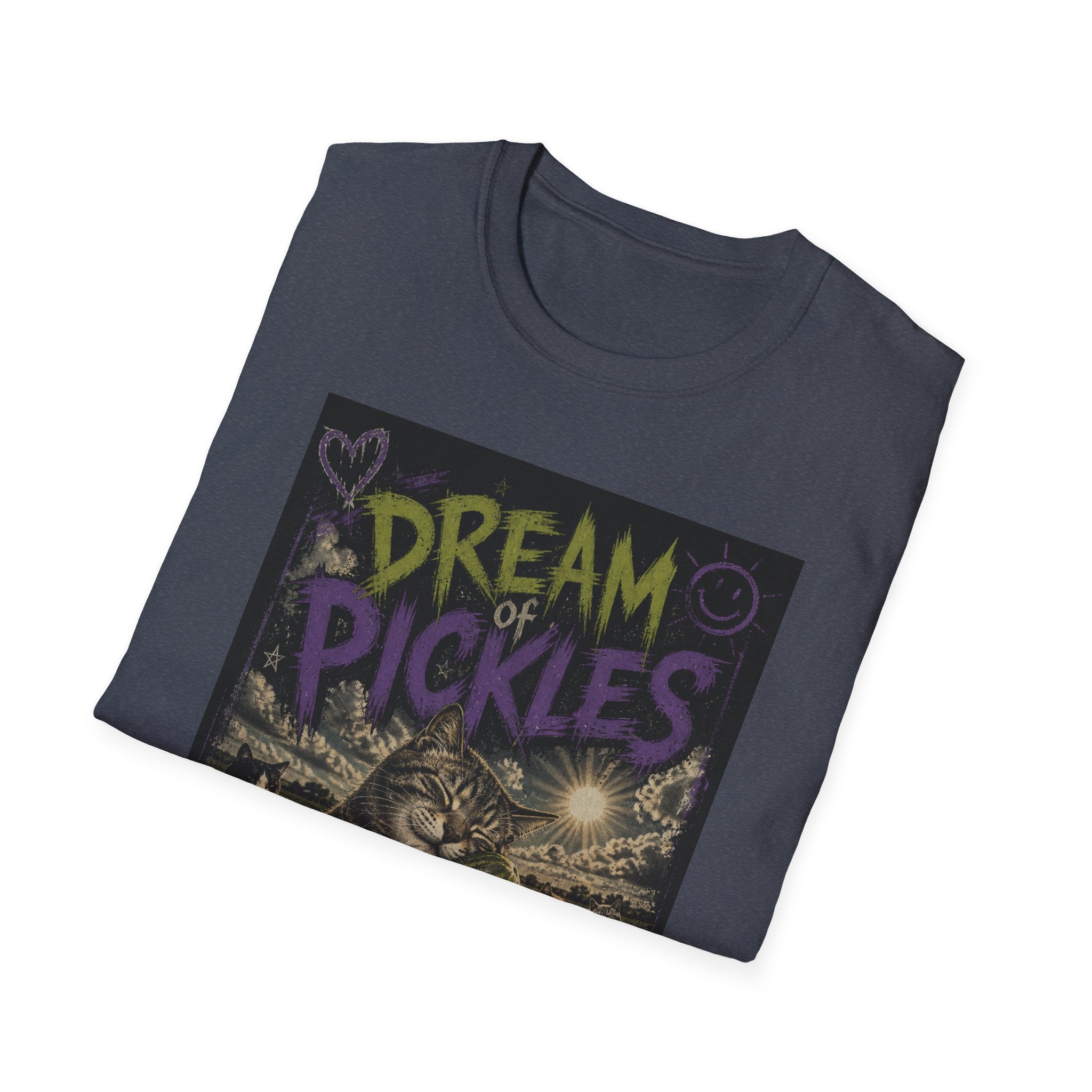 Dream of Pickles cat illustration T-Shirt | whimsical night scene, purple text
