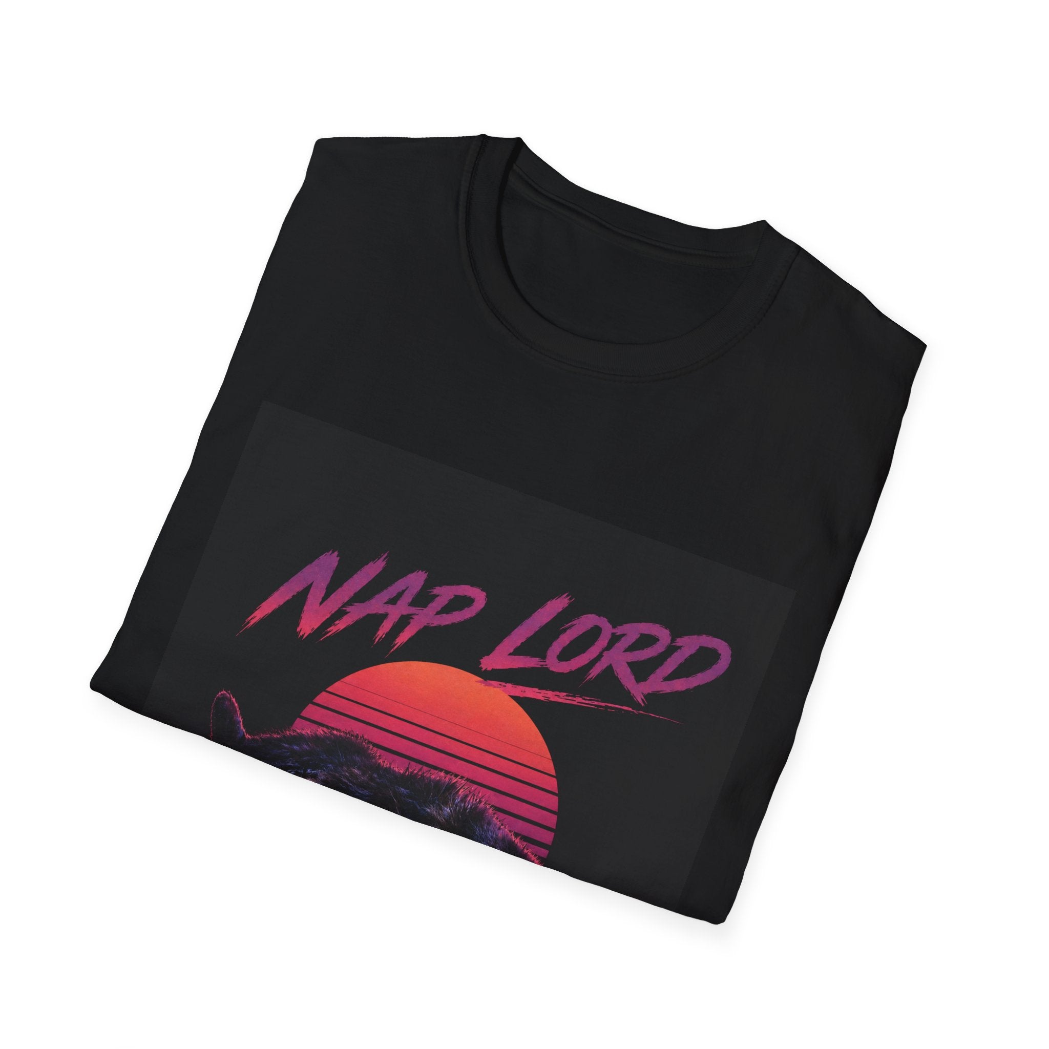 Nap Lord black cat retro sunset mountain T-Shirt | vaporwave 80s synthwave tee