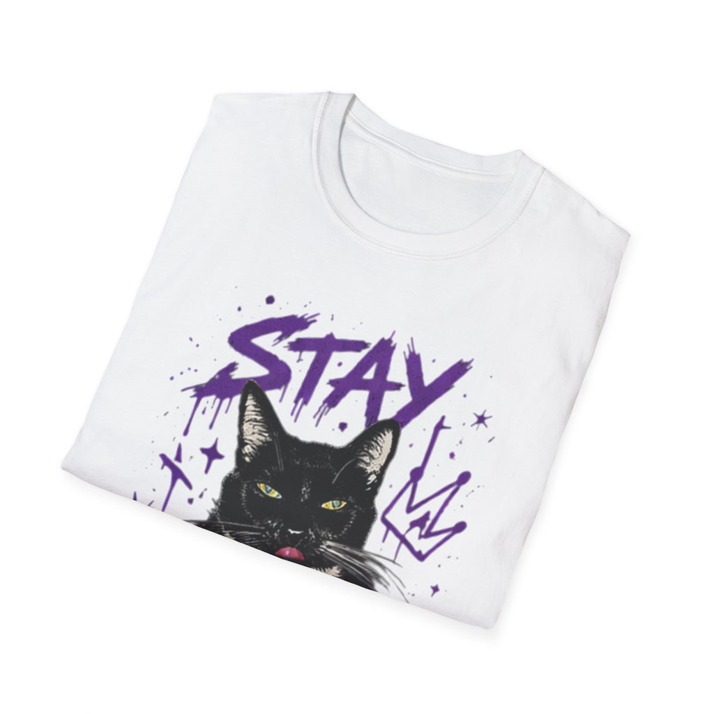 Stay Feral Cat Illustration T-Shirt | Black Cat, Purple Graffiti Text
