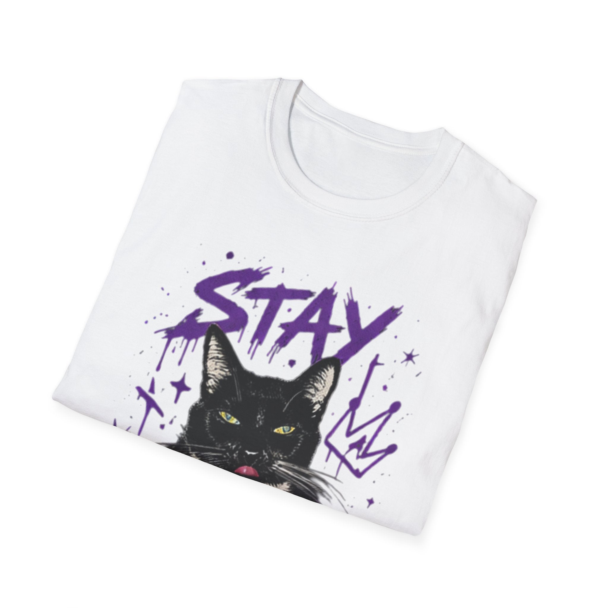 Stay Feral Cat Illustration T-Shirt | Black Cat, Purple Graffiti Text