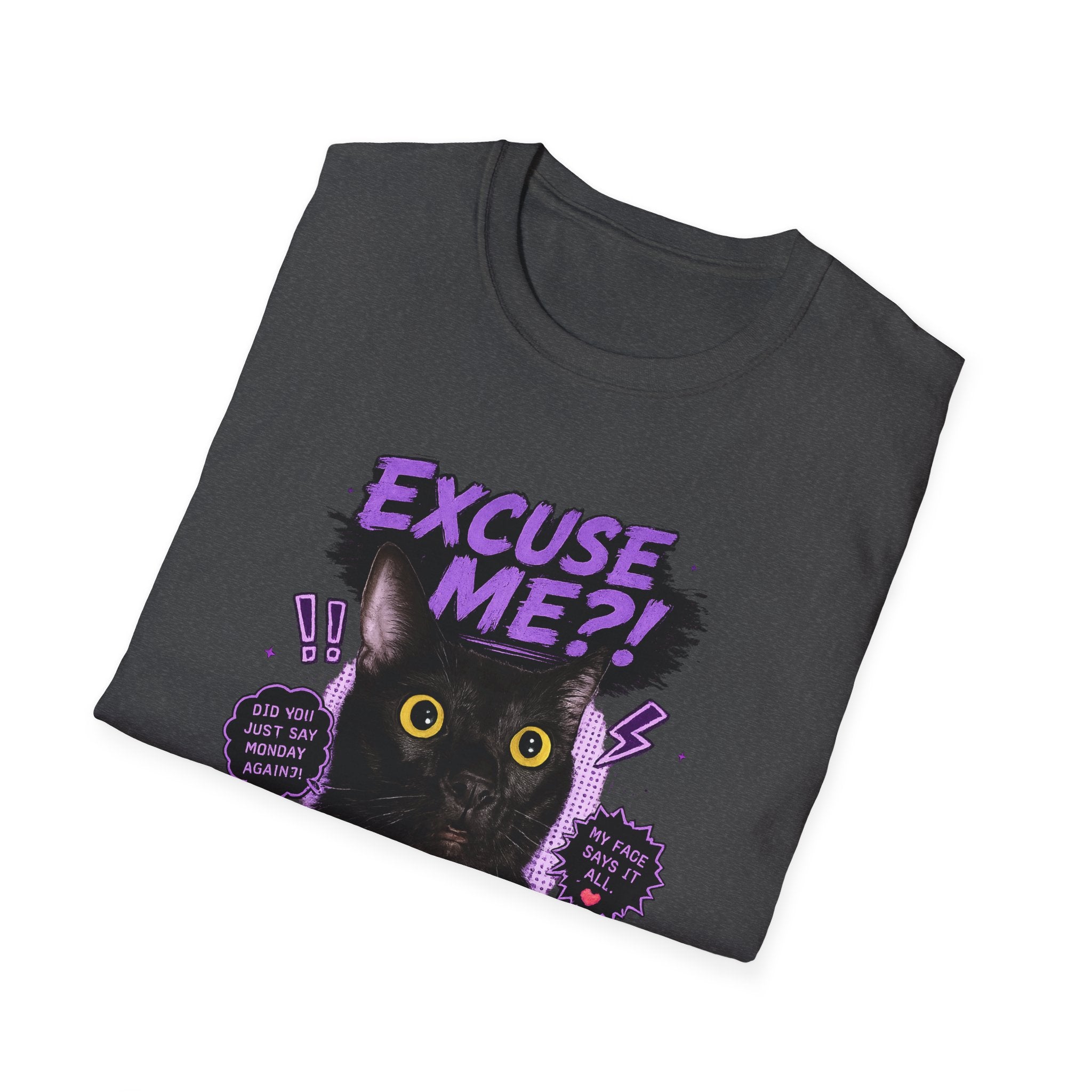Excuse Me?! Black Cat Graphic T-Shirt | Retro Purple Horror Pop Art