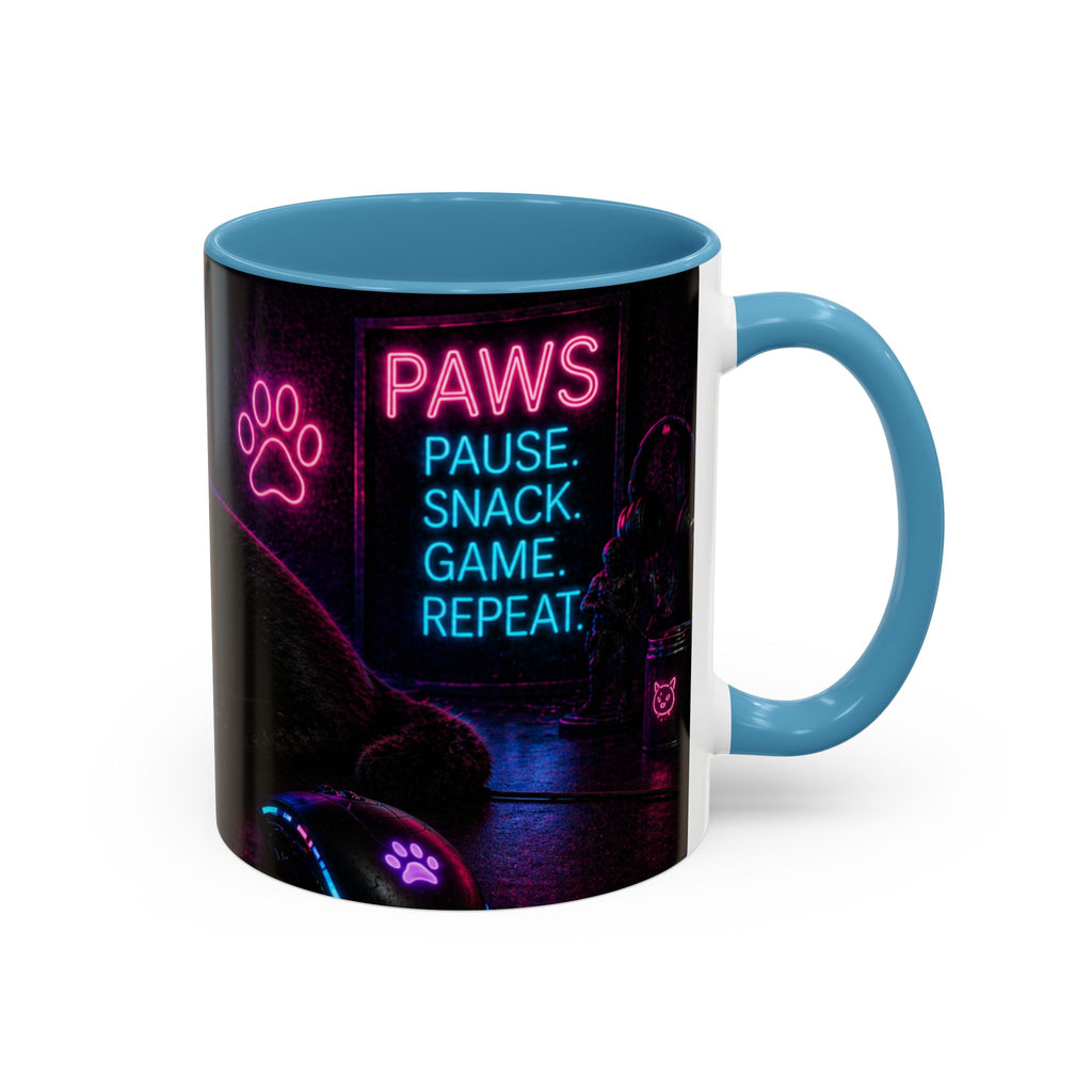 PAWS Pause Snack Game Repeat Cat Coffee Mug | Neon Gaming Cat Mug