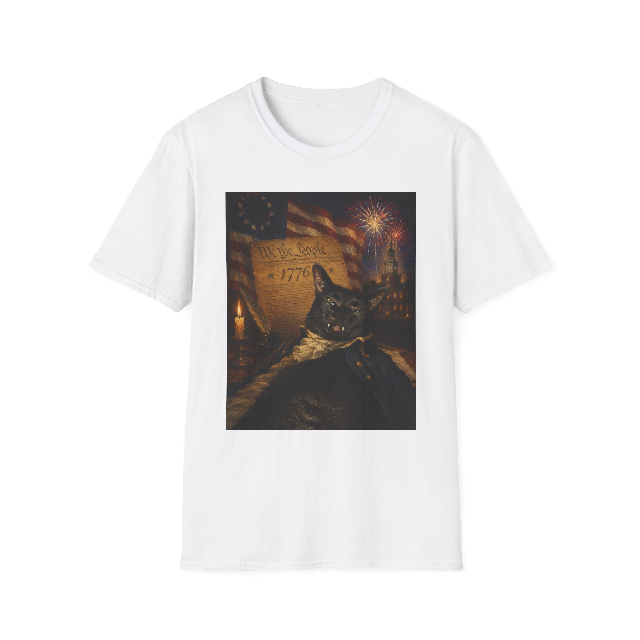 Liberty Cat 1776 T-Shirt | American Flag, Fireworks, Declaration of Independence Black Cat Fangs