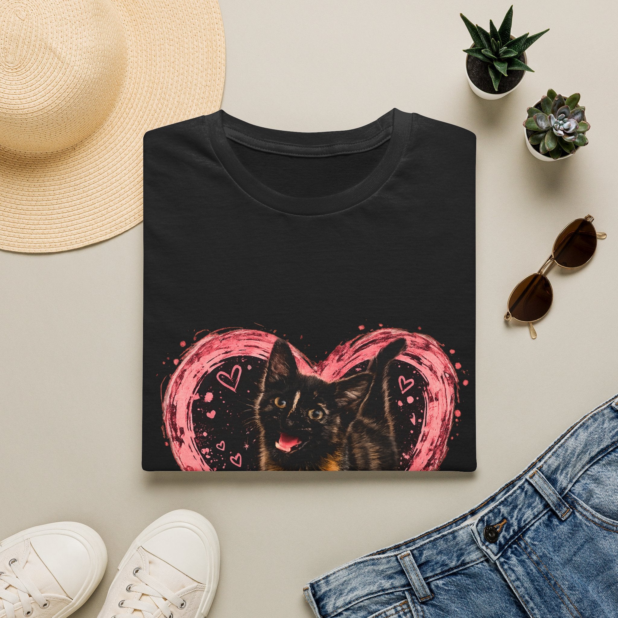 Black Cat in Pink Heart T-Shirt | Cute Cat Portrait Tee