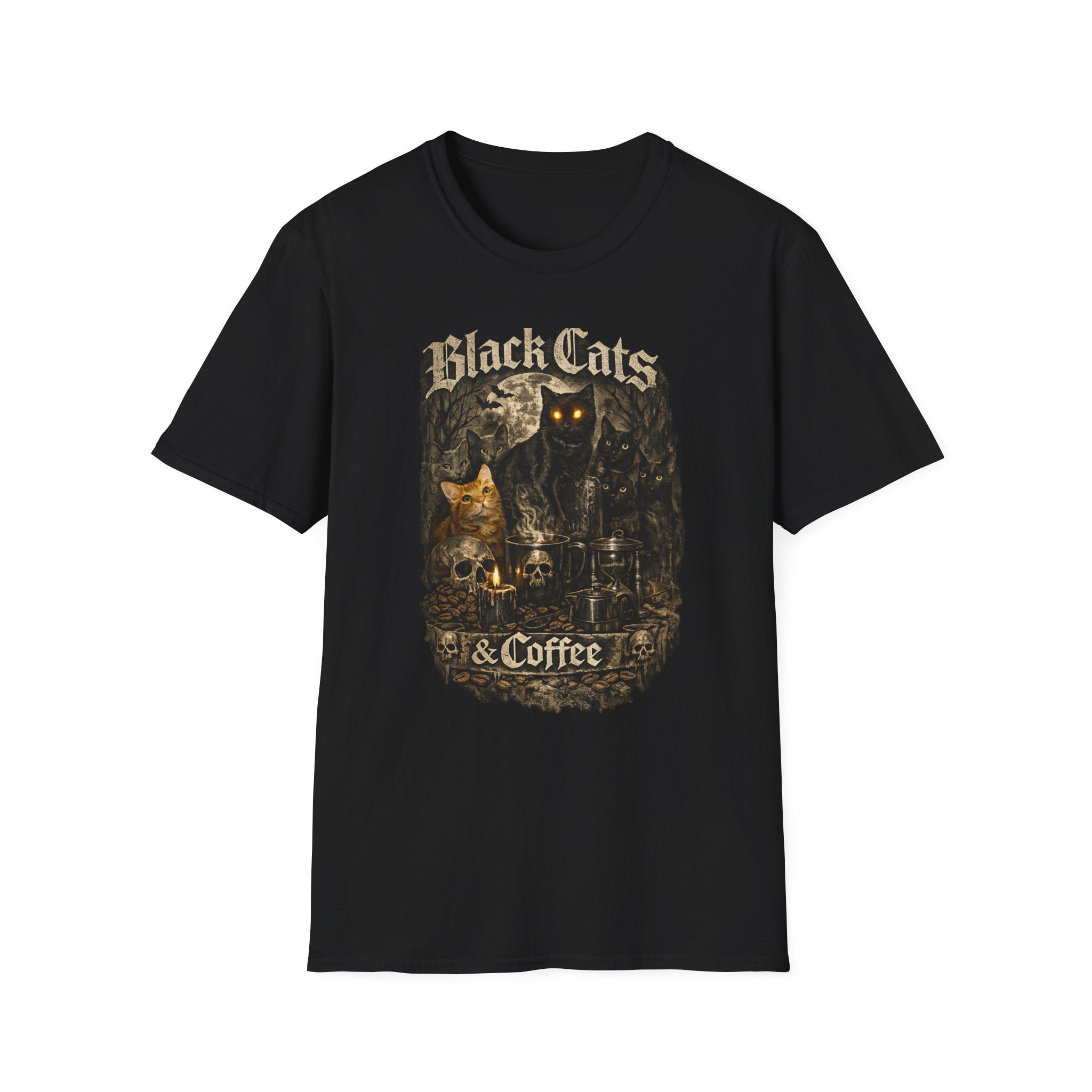 Black Cats & Coffee T-Shirt | Vintage Gothic Cat Illustration, Coffee Lover