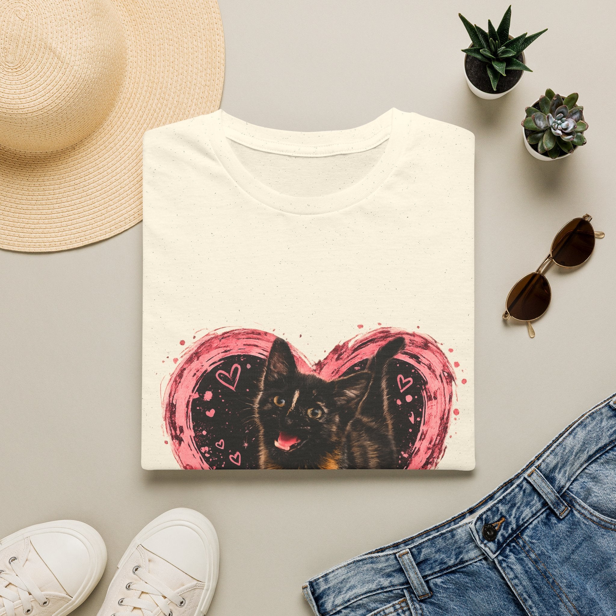 Black Cat in Pink Heart T-Shirt | Cute Cat Portrait Tee