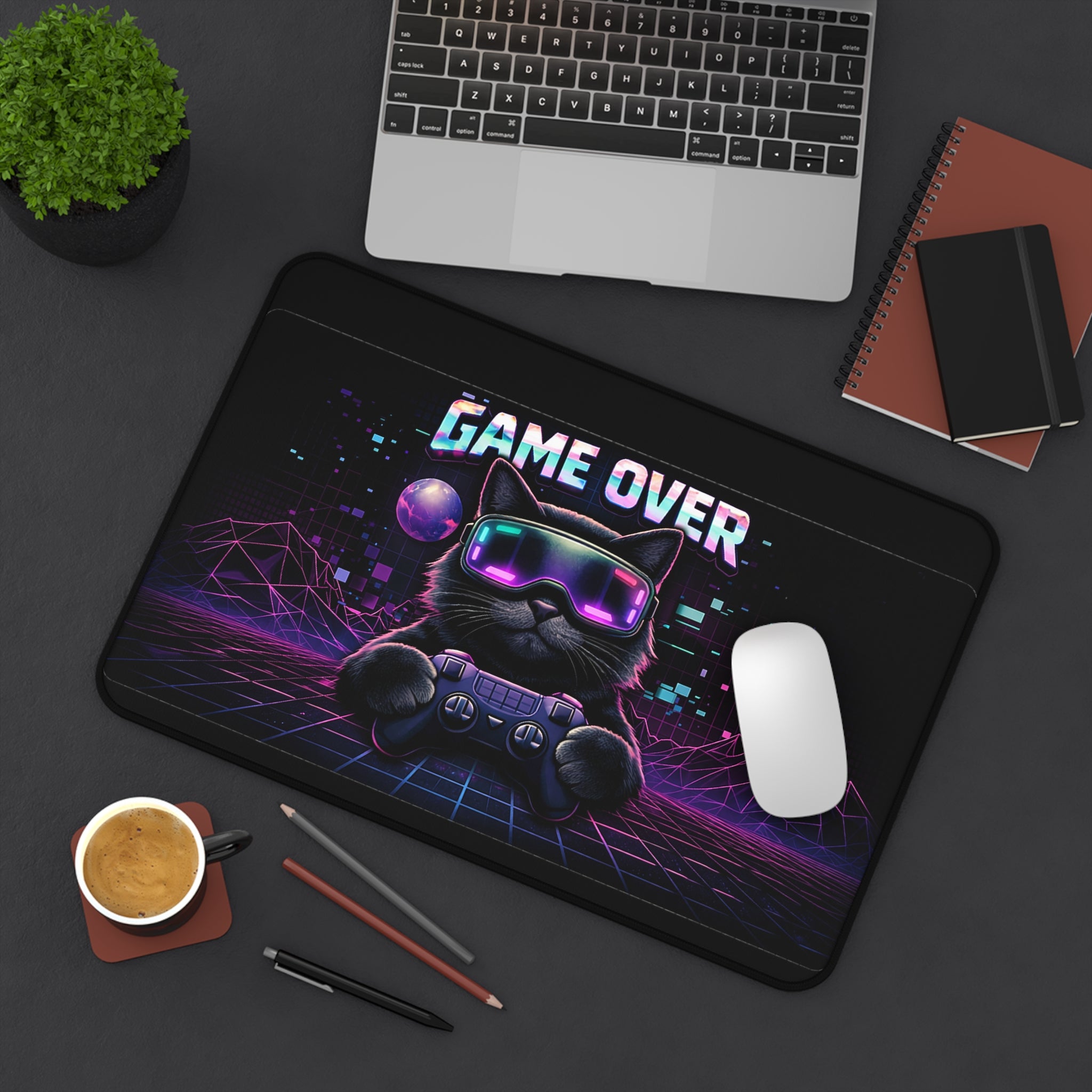 Game Over Retro Cyberpunk Cat Desk Mat | Gaming Mouse Pad