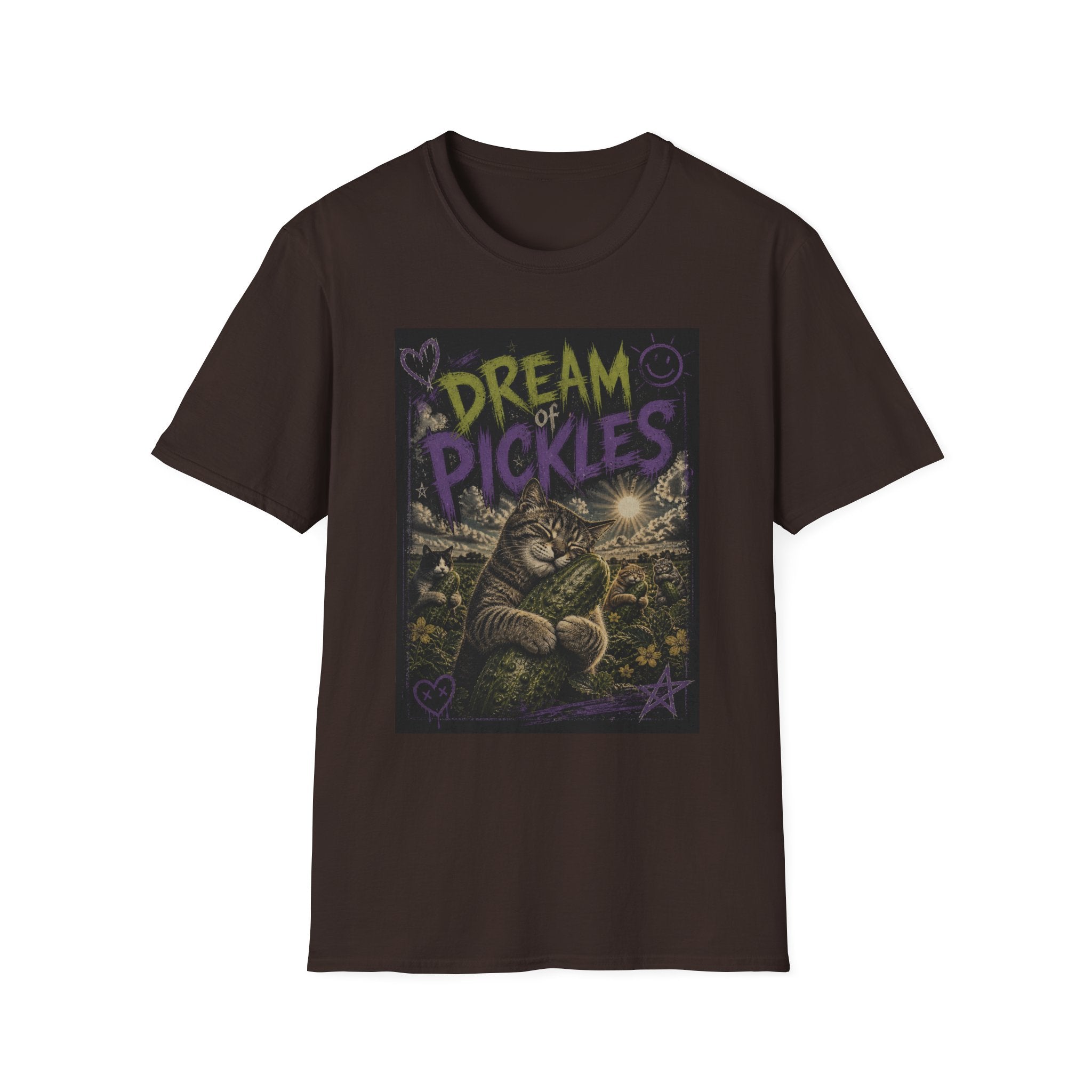 Dream of Pickles cat illustration T-Shirt | whimsical night scene, purple text