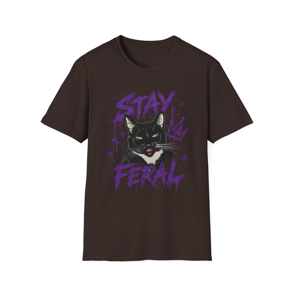 Stay Feral Cat Illustration T-Shirt | Black Cat, Purple Graffiti Text