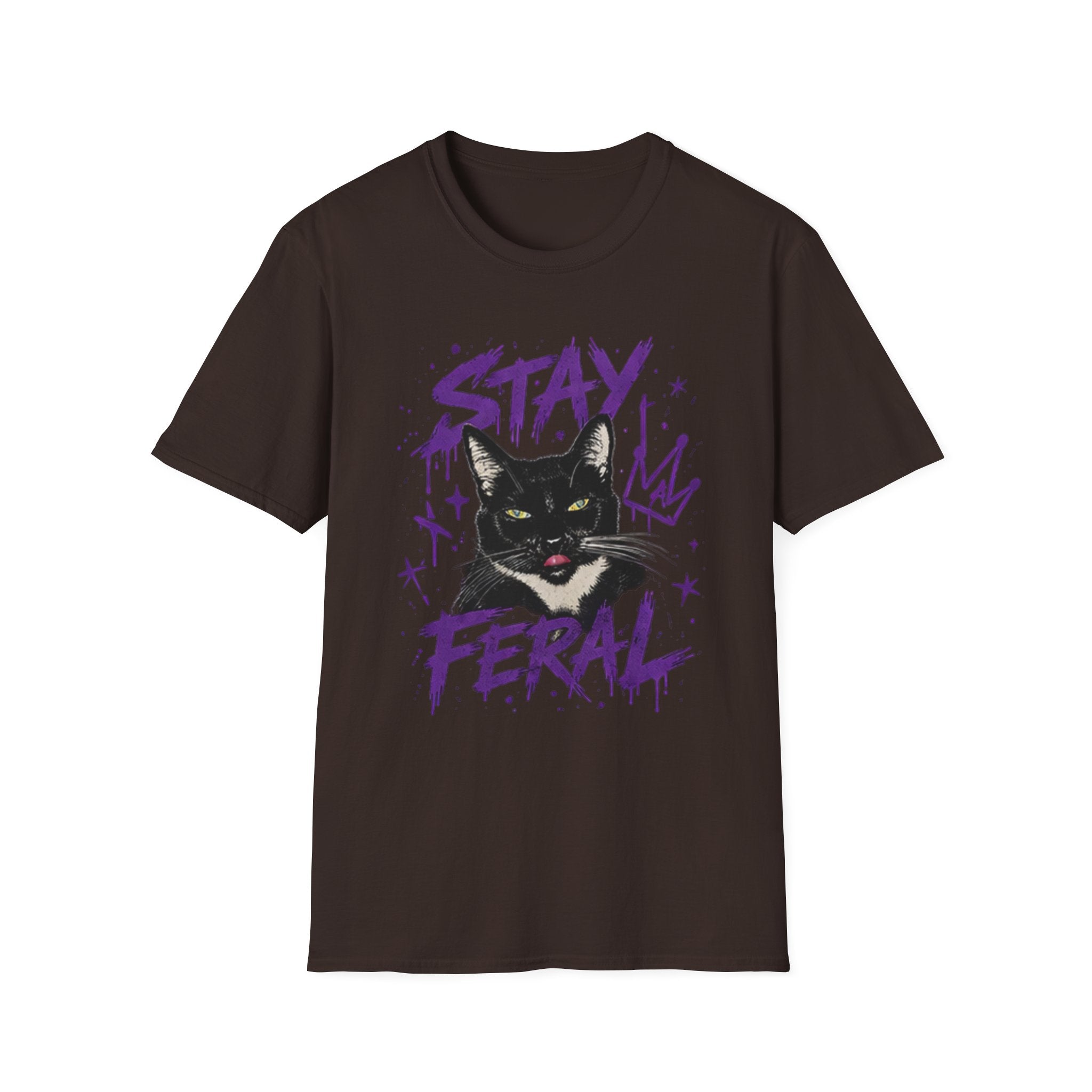 Stay Feral Cat Illustration T-Shirt | Black Cat, Purple Graffiti Text