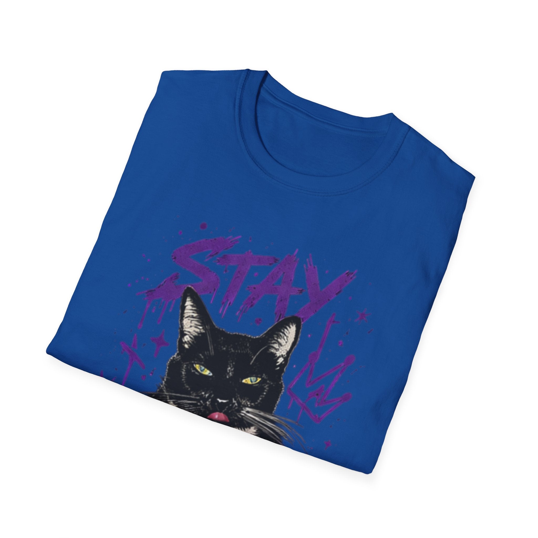 Stay Feral Cat Illustration T-Shirt | Black Cat, Purple Graffiti Text