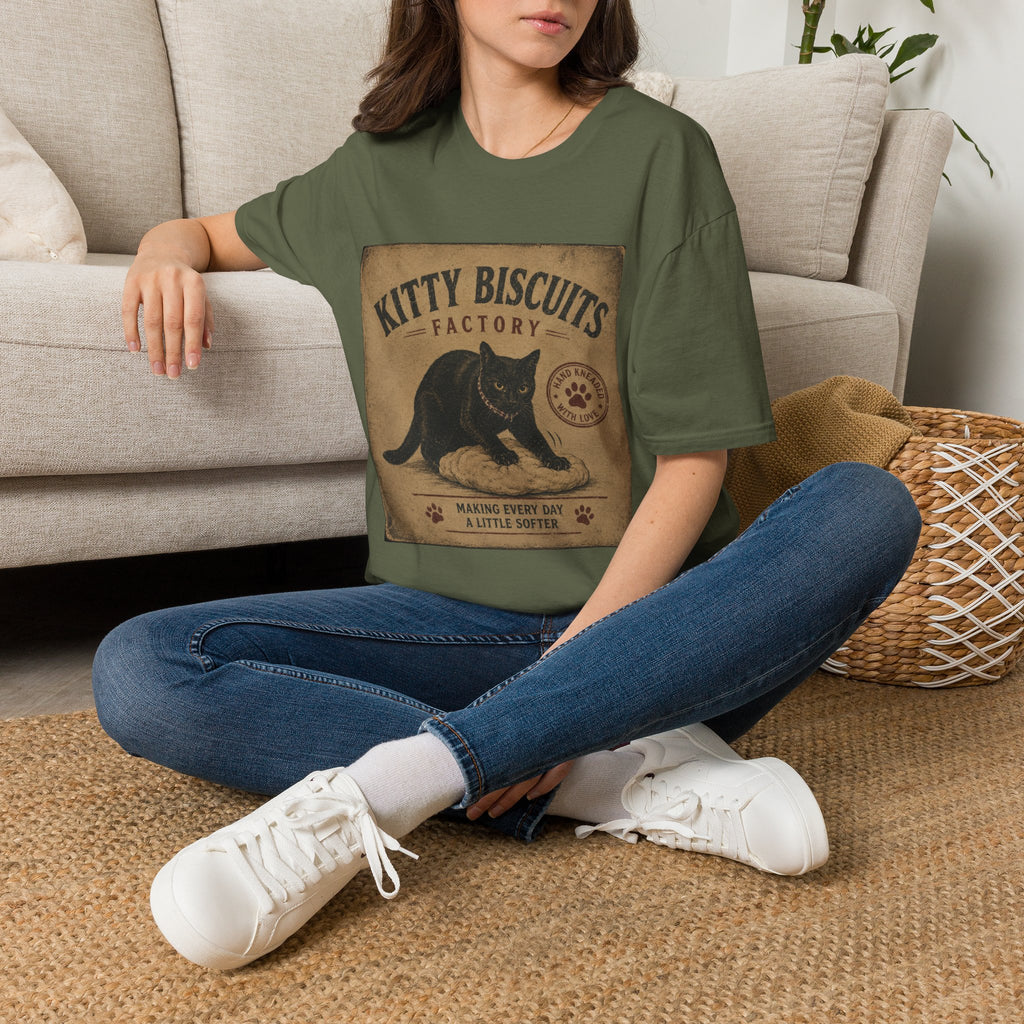 Kitty Biscuits Factory T-Shirt | Vintage Black Cat Illustration