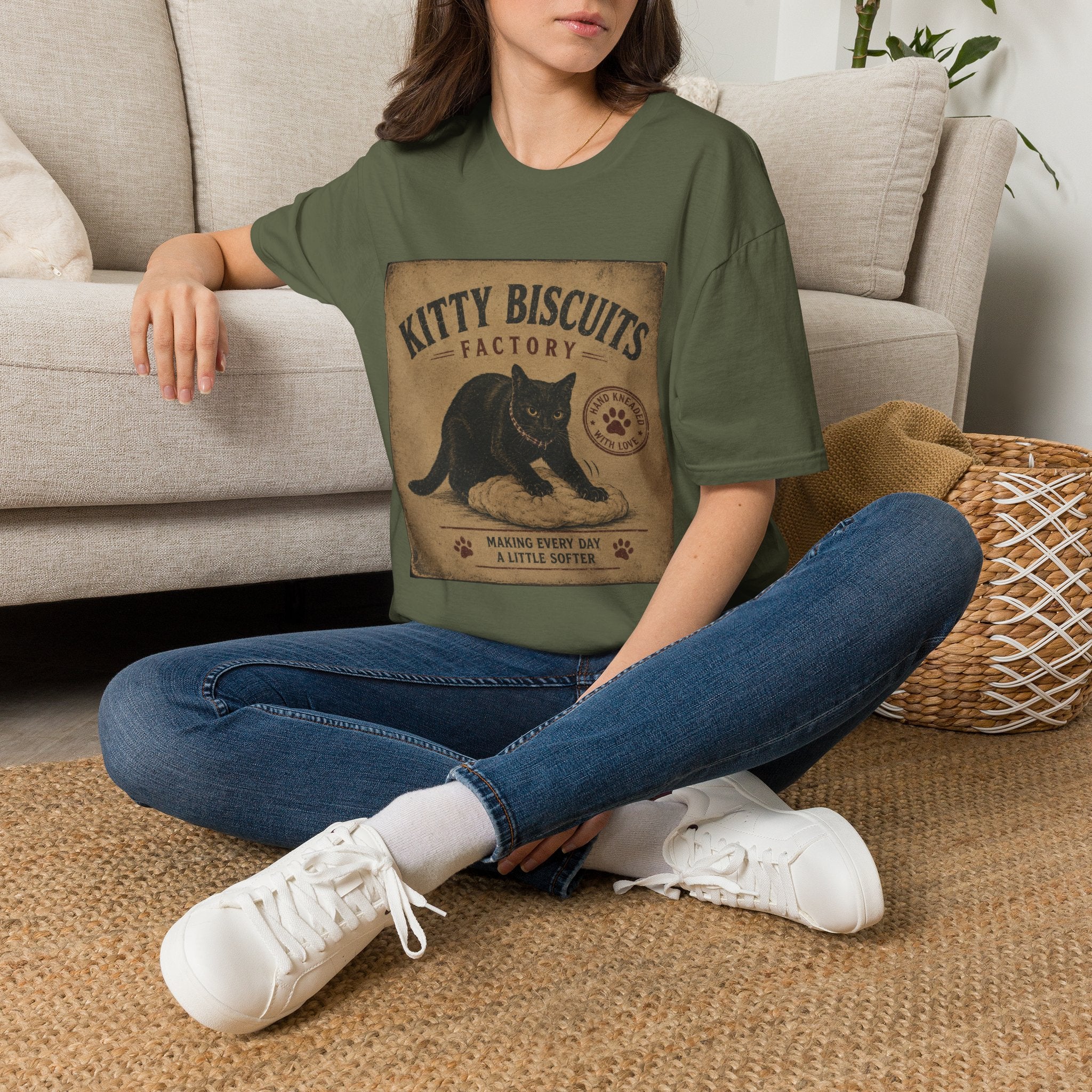 Kitty Biscuits Factory T-Shirt | Vintage Black Cat Illustration