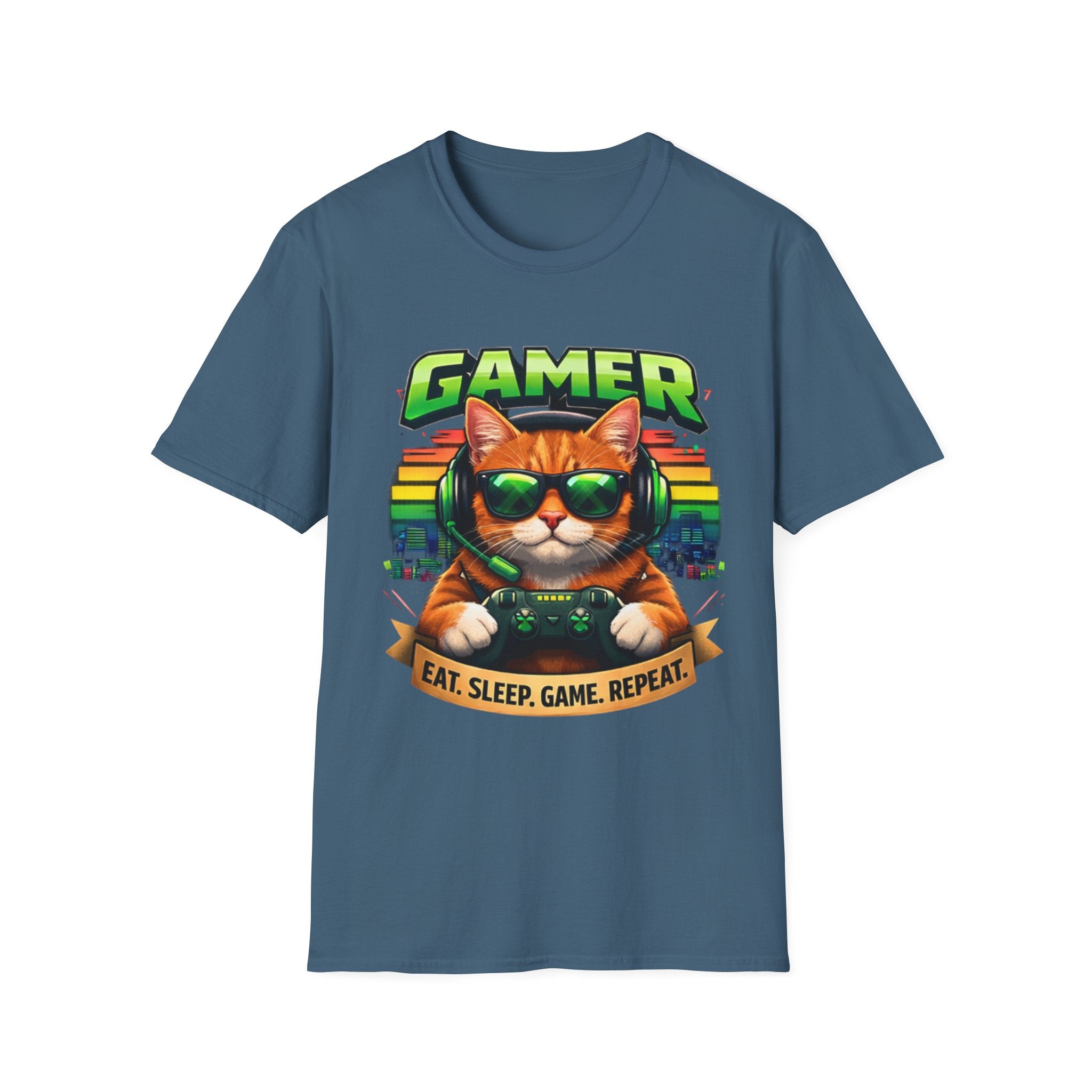 Gamer Cat with Controller T-Shirt | Eat Sleep Game Repeat