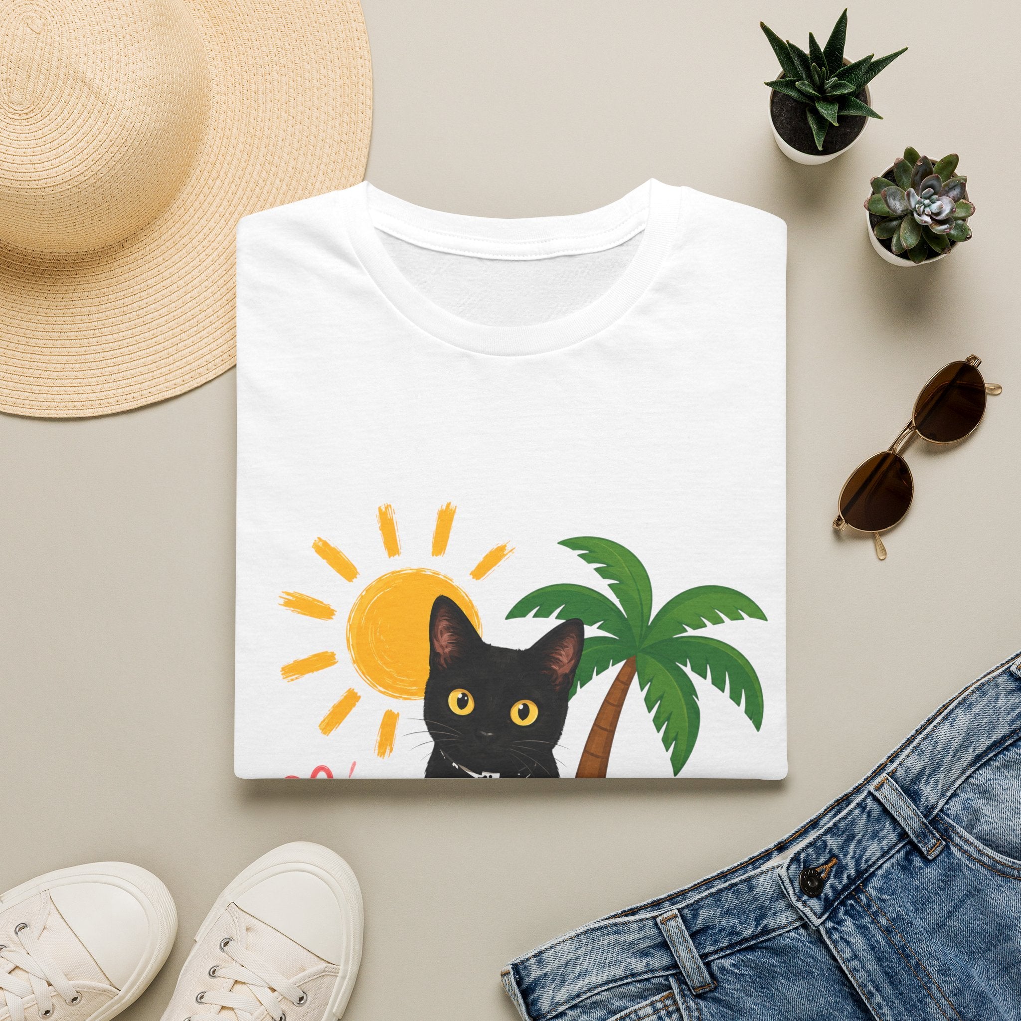 Black Cat Beach Scene T-Shirt | Palm Tree, Sun, Hibiscus