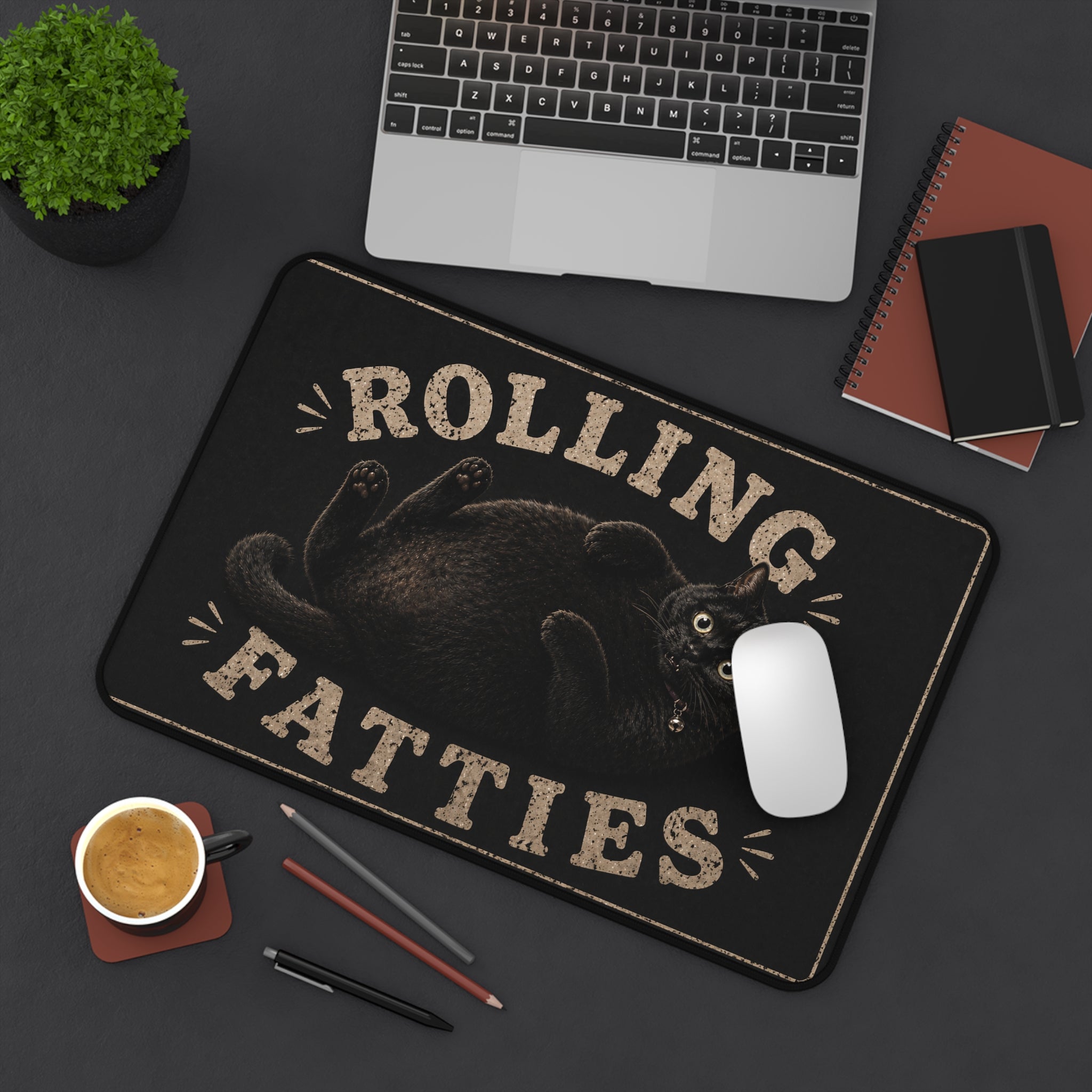 Rolling Fatties black cat illustration Desk Mat | cute chubby cat mousepad