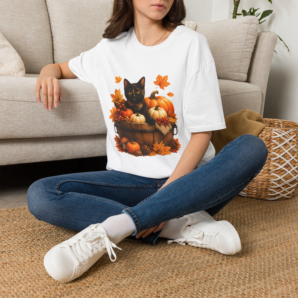 Black Kitten with Pumpkins T-Shirt | Autumn Fall Cat Pumpkin Shirt