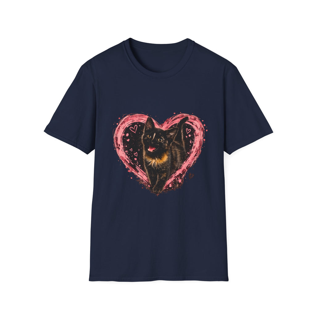 Black Cat in Pink Heart T-Shirt | Cute Cat Portrait Tee