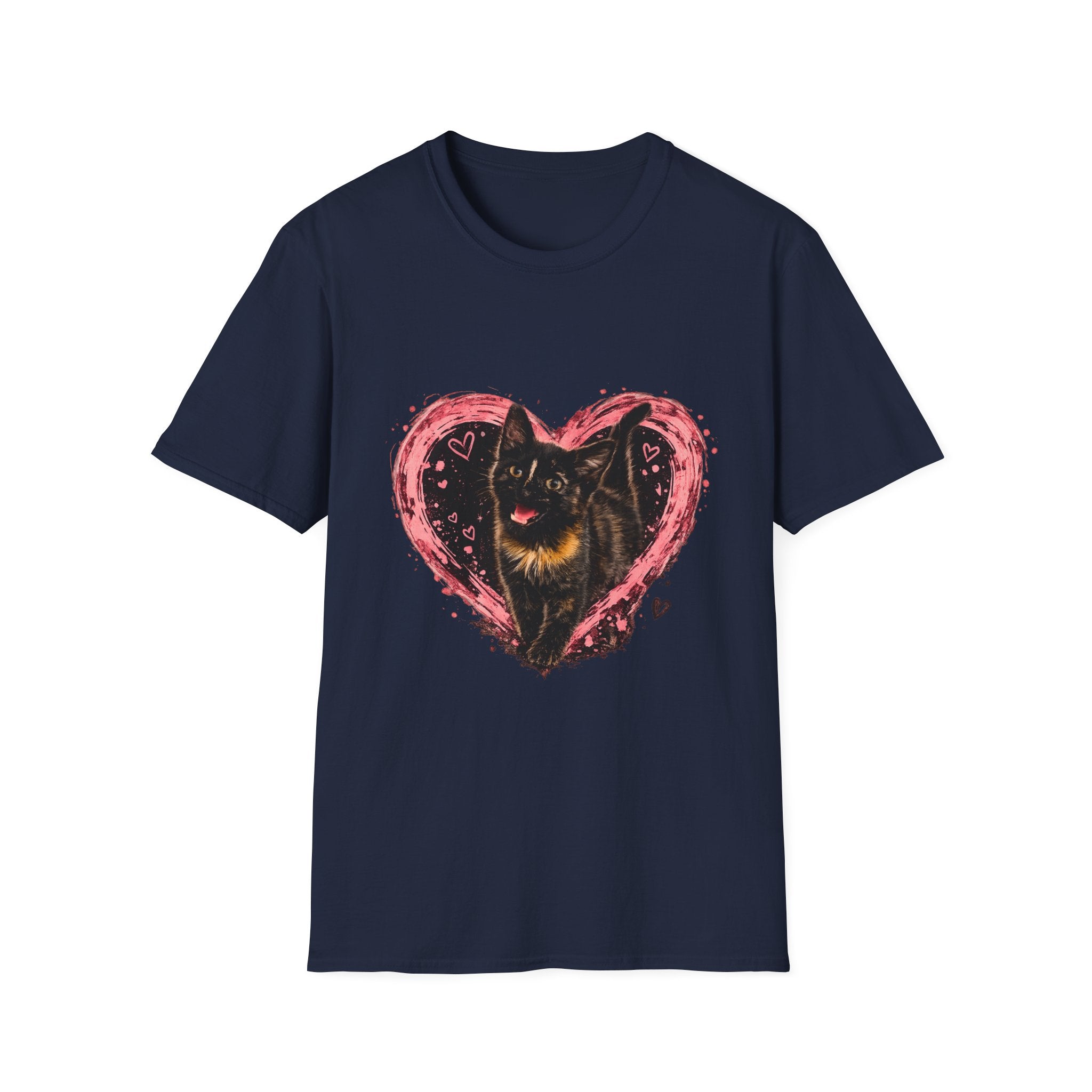 Black Cat in Pink Heart T-Shirt | Cute Cat Portrait Tee