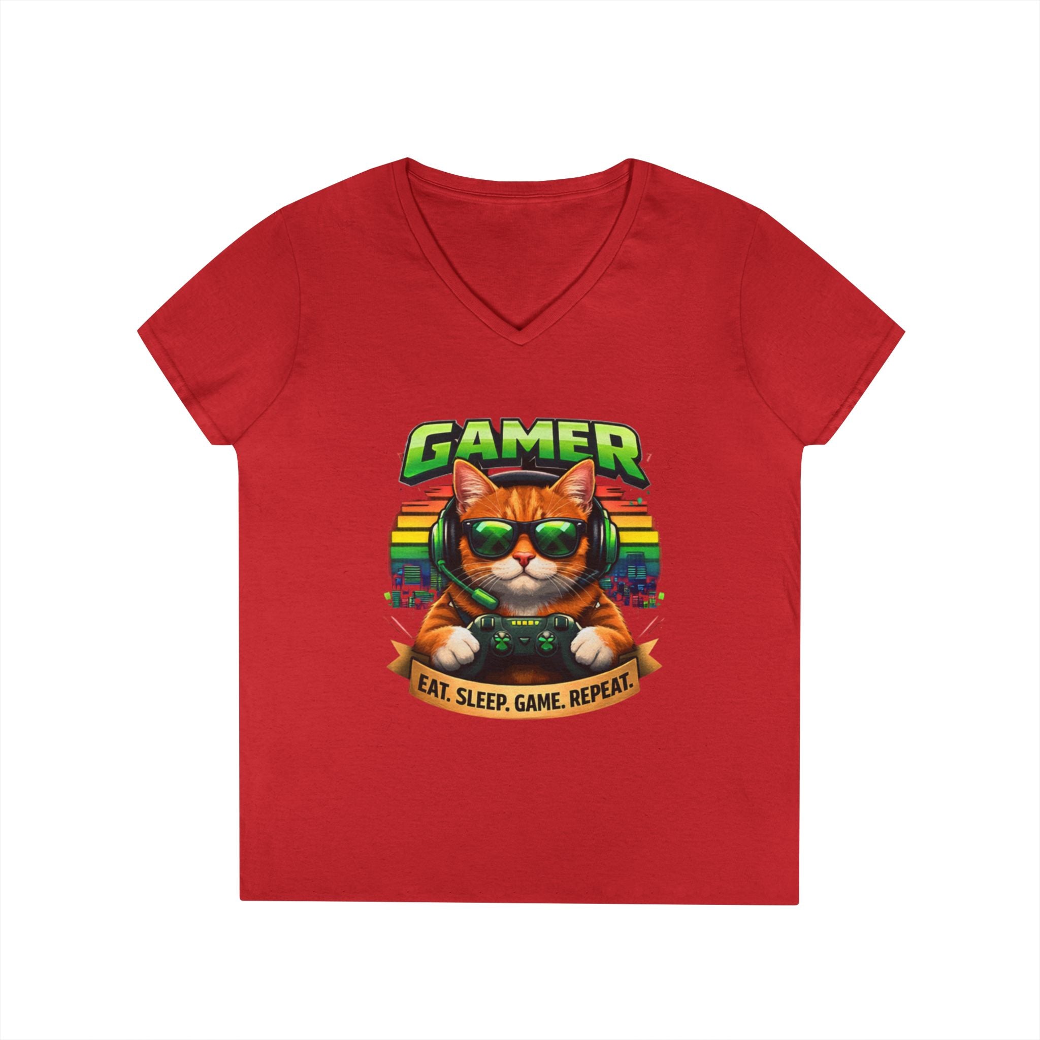 Gamer Cat Graphic Tee Ladies V-Neck T-Shirt | Retro Controller, Eat Sleep Game Repeat