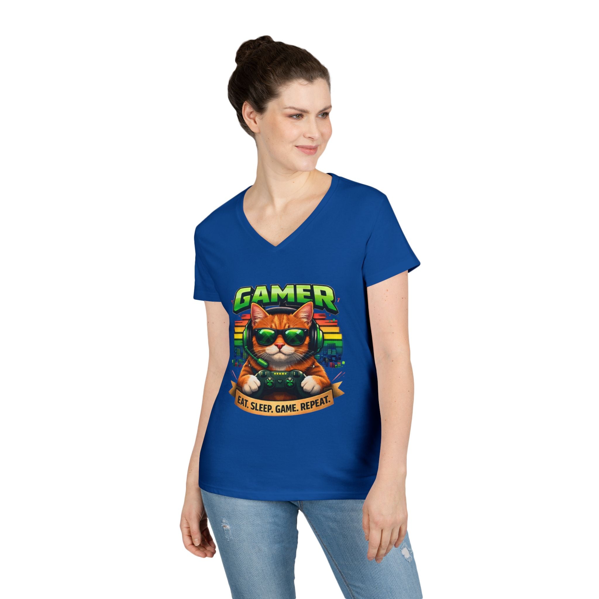 Gamer Cat Graphic Tee Ladies V-Neck T-Shirt | Retro Controller, Eat Sleep Game Repeat