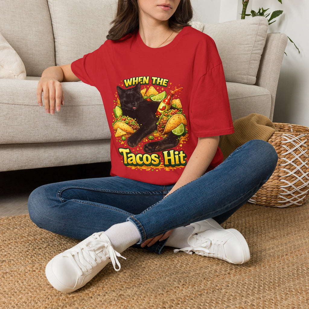 When The Tacos Hit T-Shirt | Cat, Tacos, Hot Sauce, Funny Food Graphic
