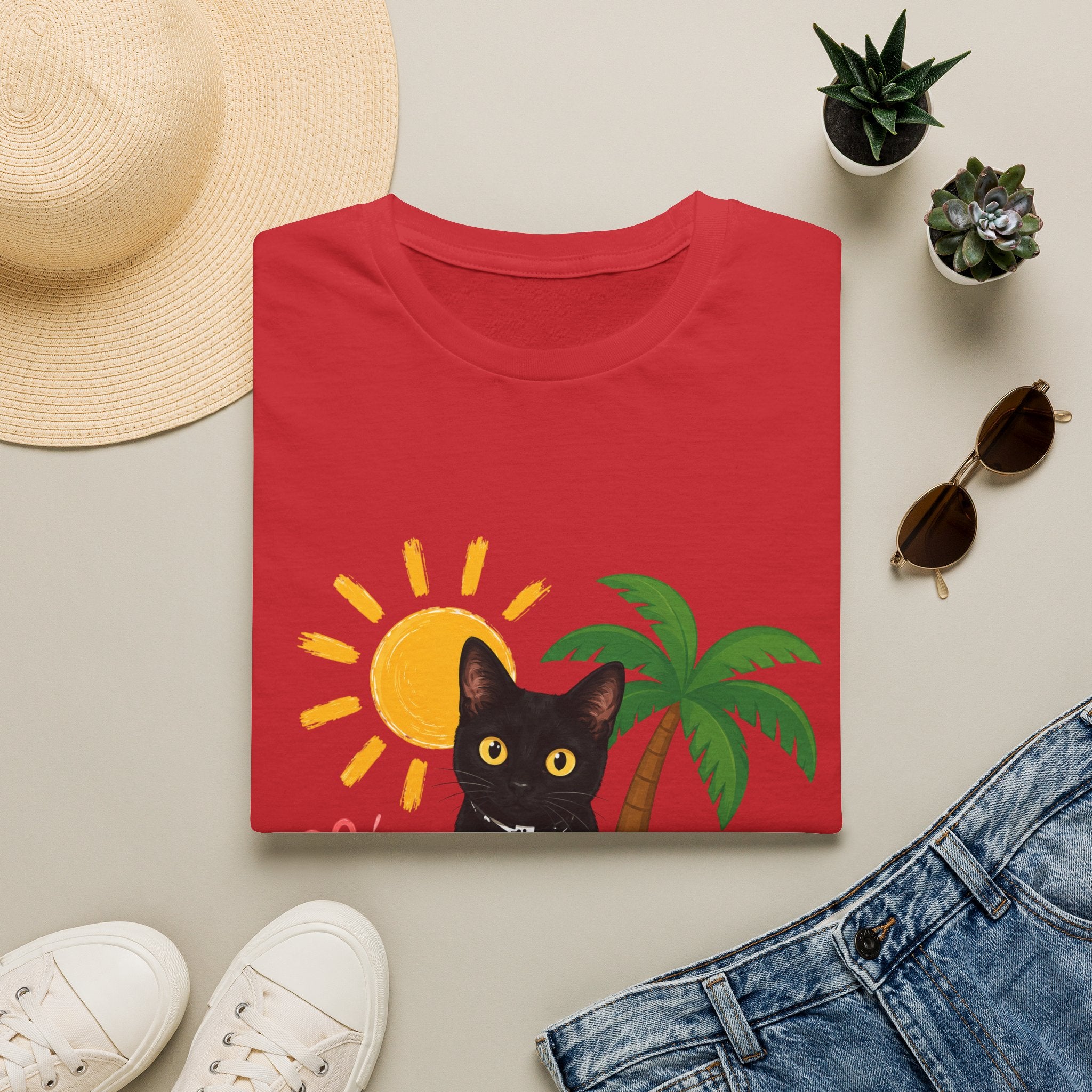 Black Cat Beach Scene T-Shirt | Palm Tree, Sun, Hibiscus