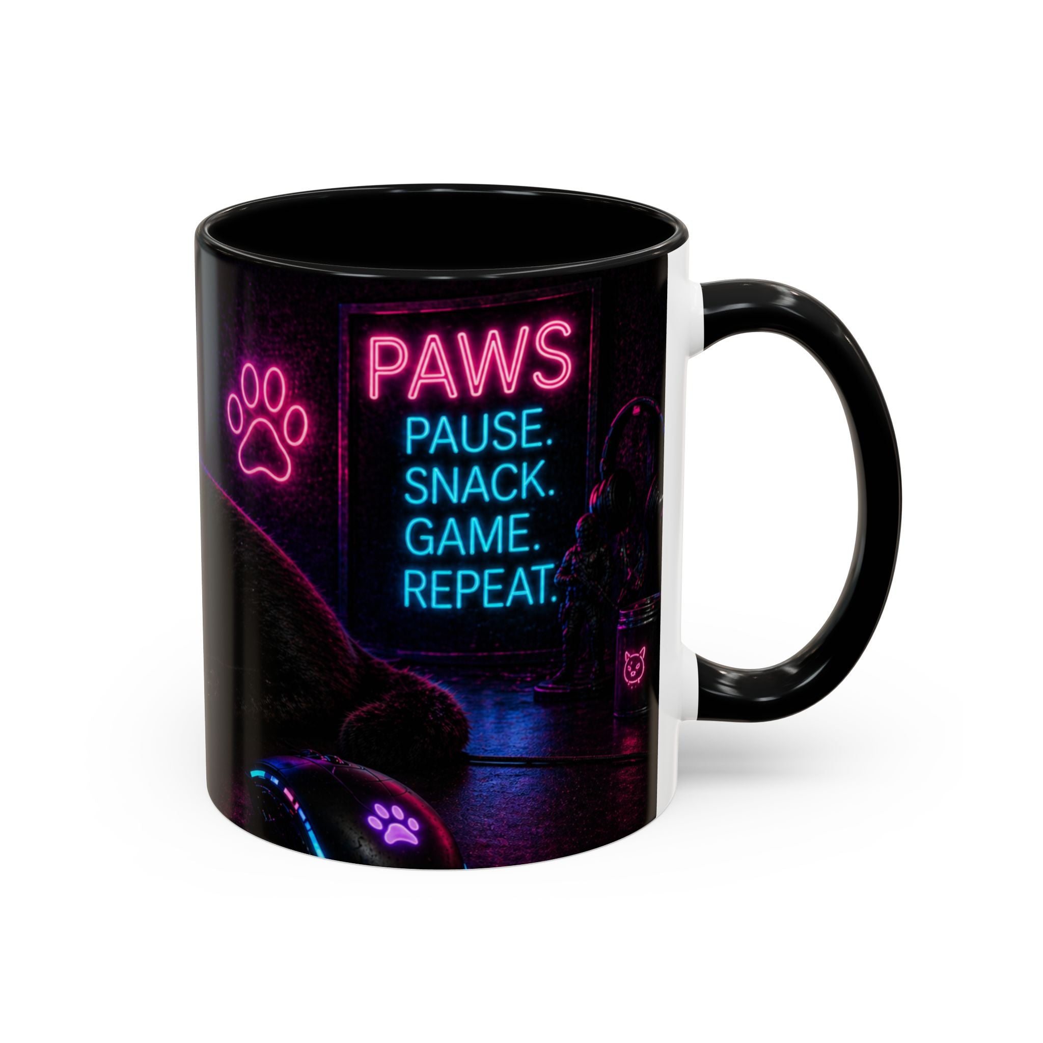 PAWS Pause Snack Game Repeat Cat Coffee Mug | Neon Gaming Cat Mug