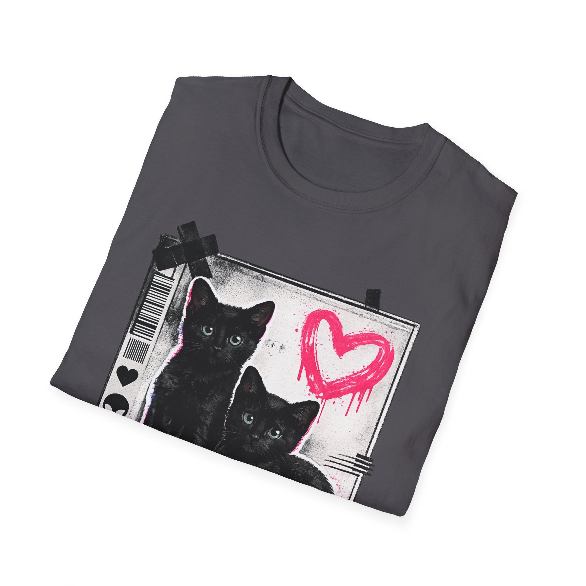 Black Kittens with Pink Heart T-Shirt | Grunge Cat Graphic, Cute Goth