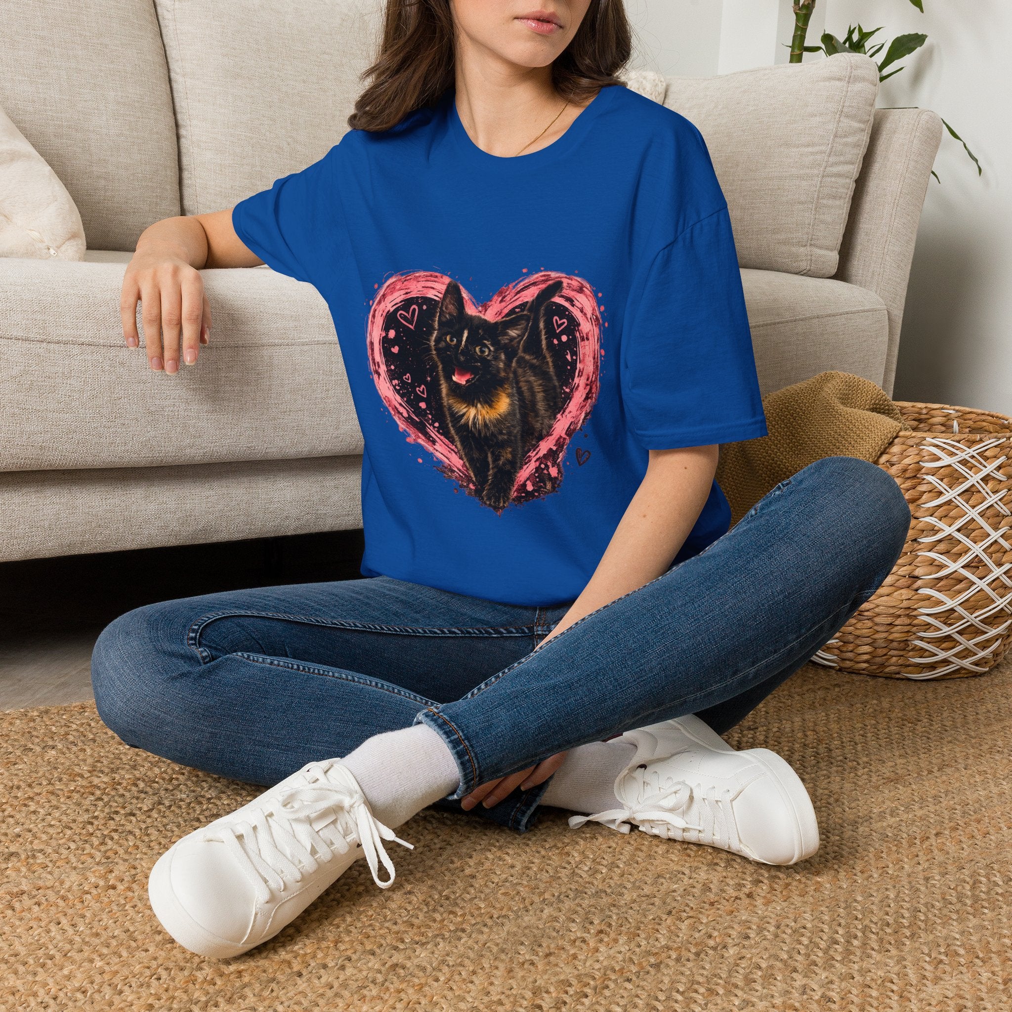 Black Cat in Pink Heart T-Shirt | Cute Cat Portrait Tee