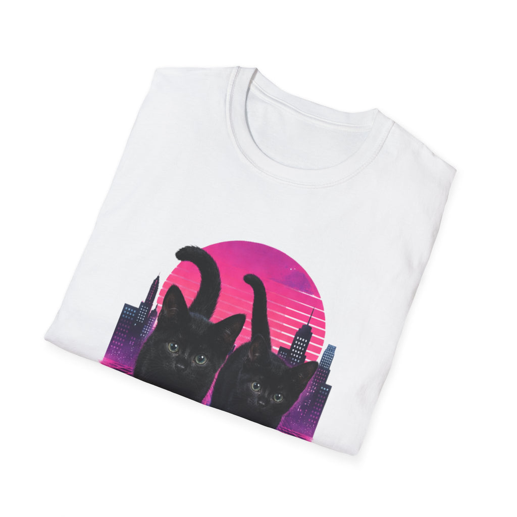 Retro Vaporwave Black Cats T-Shirt | Neon Sunset City