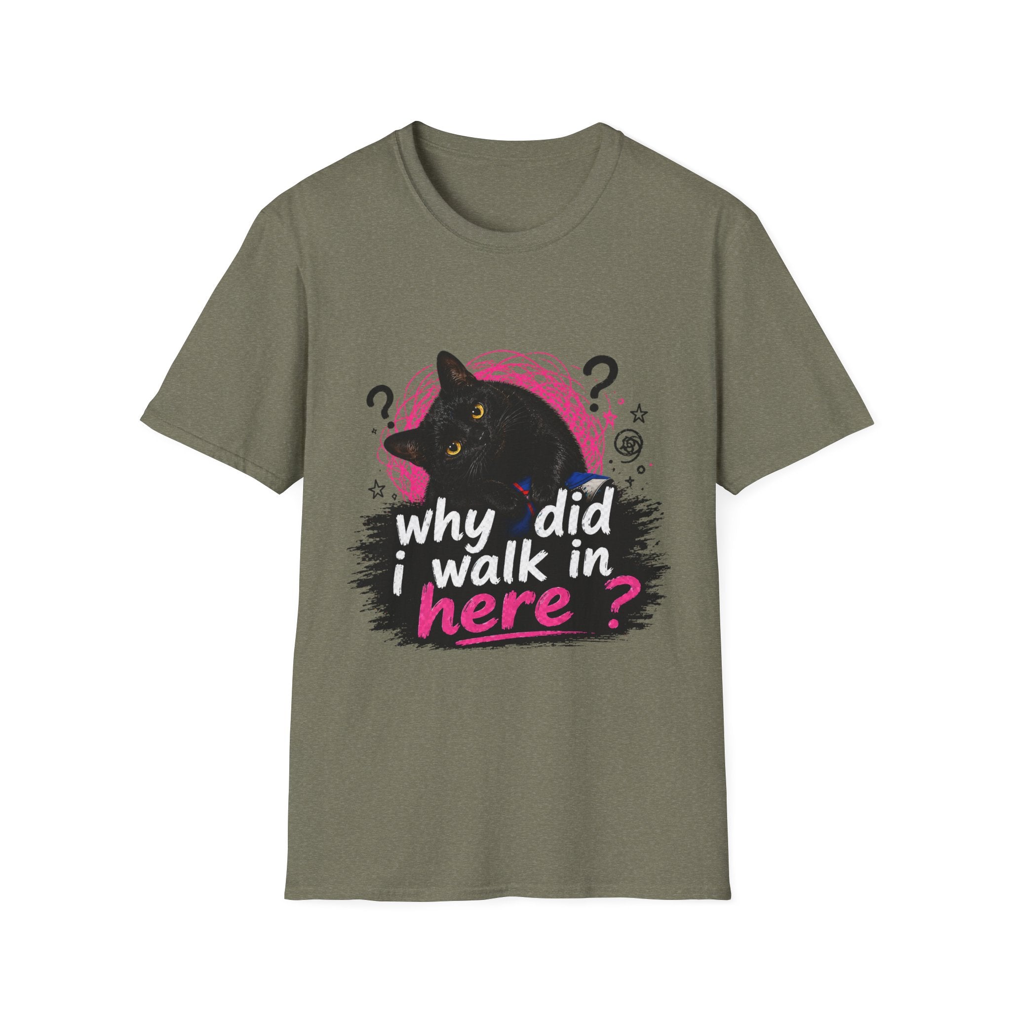 Confused Black Cat why did I walk in here? T-Shirt | Cat Humor Tee
