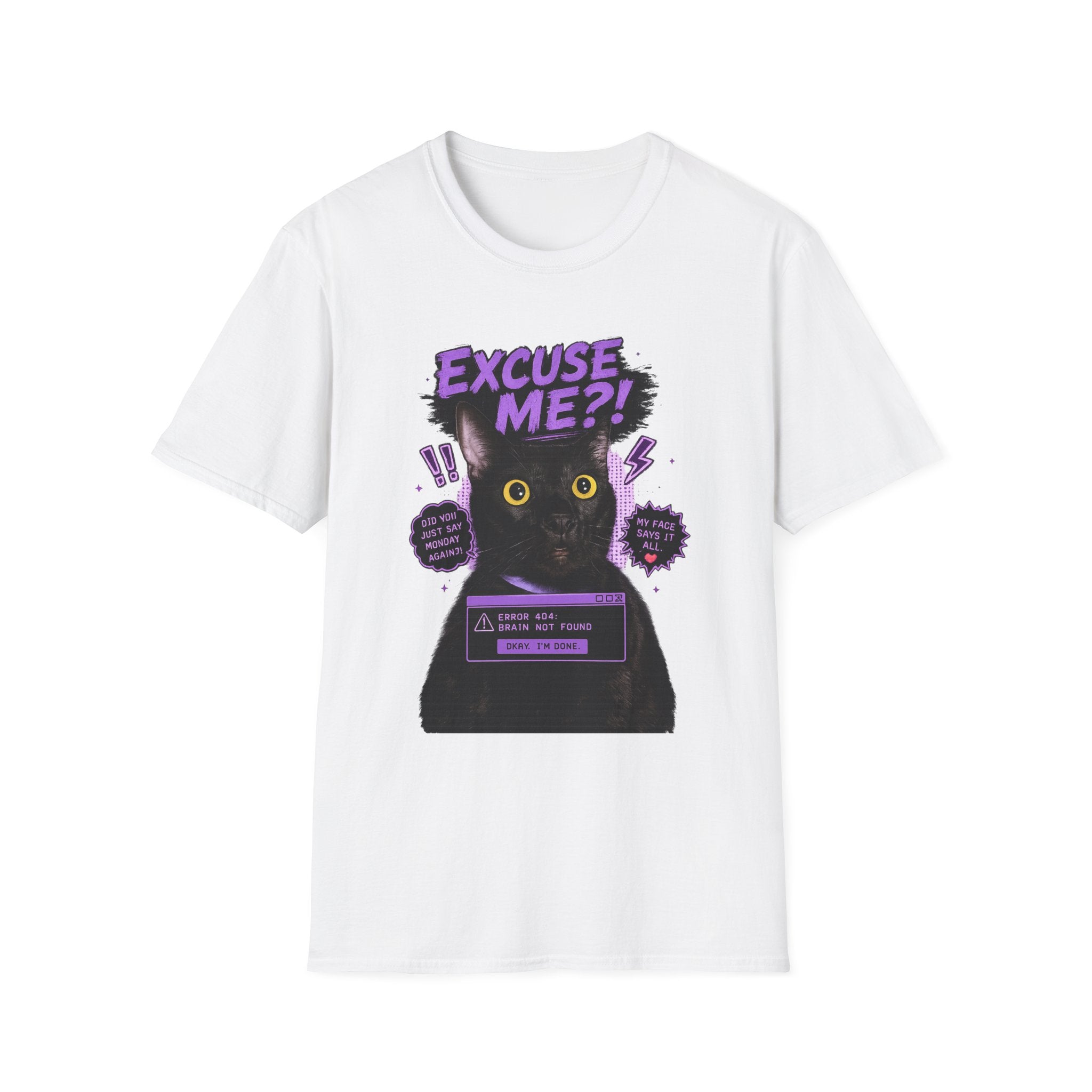 Excuse Me?! Black Cat Graphic T-Shirt | Retro Purple Horror Pop Art