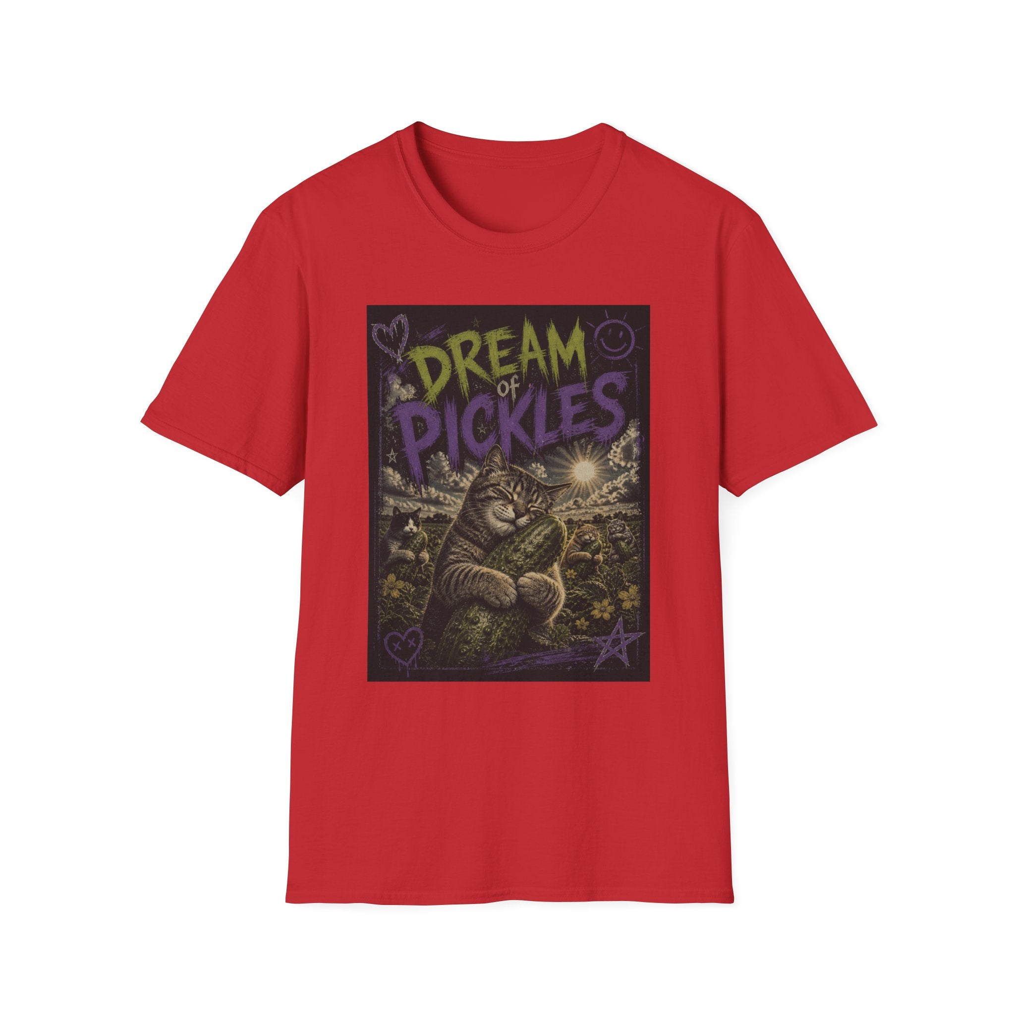 Dream of Pickles cat illustration T-Shirt | whimsical night scene, purple text