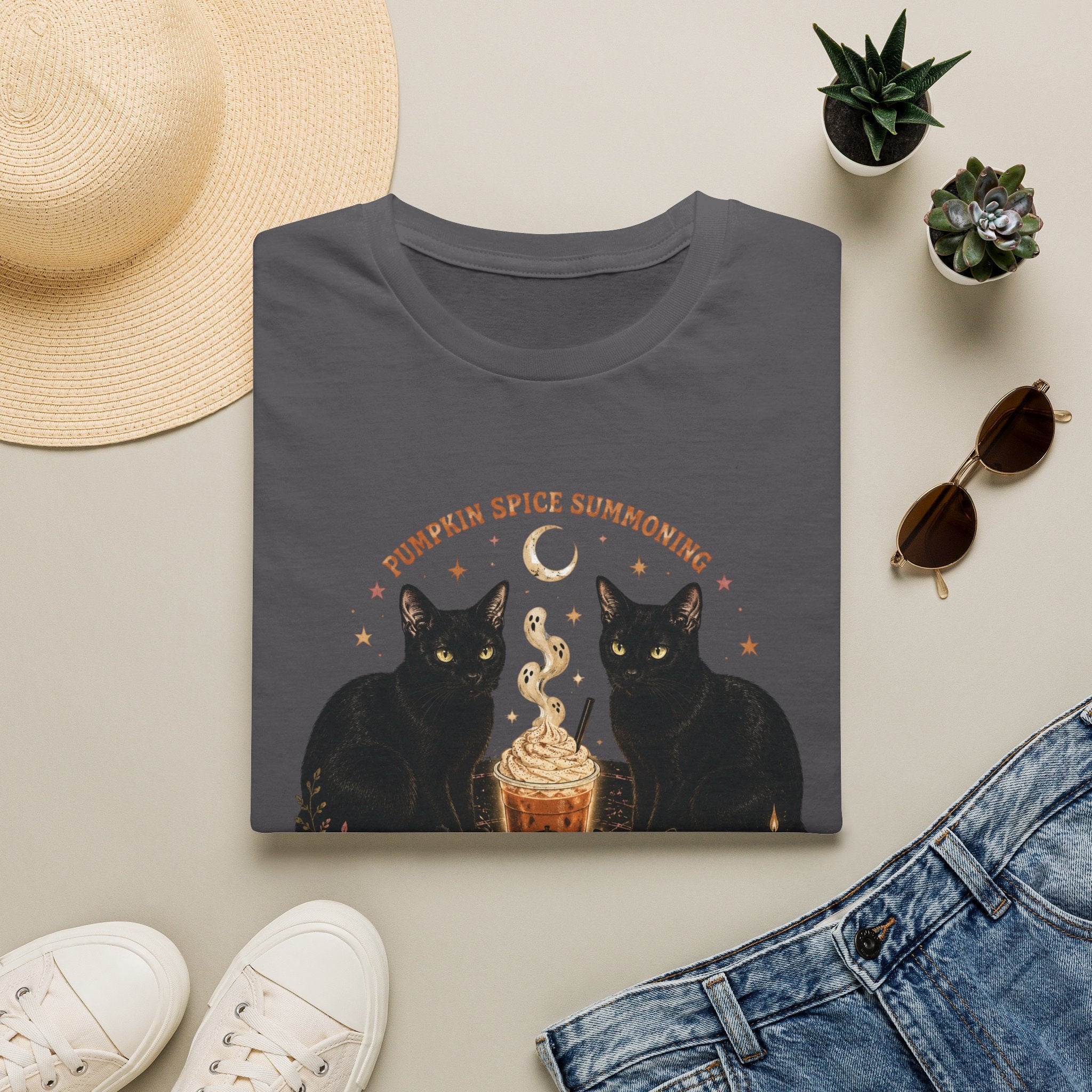 Pumpkin Spice Summoning T-Shirt | Black Cats, Fall Latte Illustration