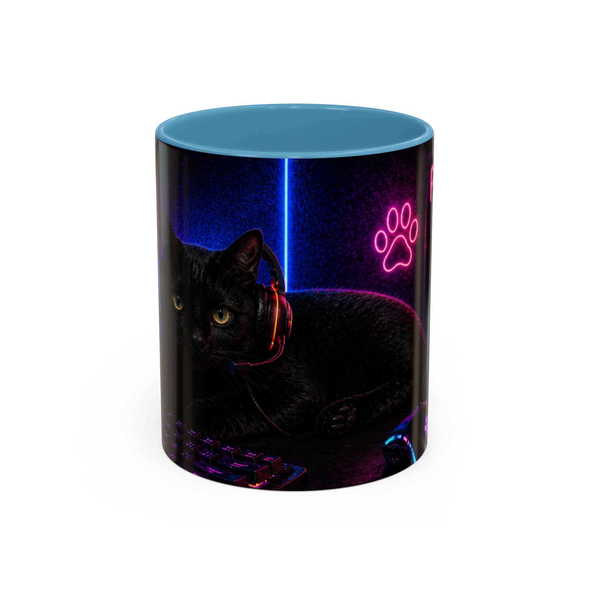 PAWS Pause Snack Game Repeat Cat Coffee Mug | Neon Gaming Cat Mug