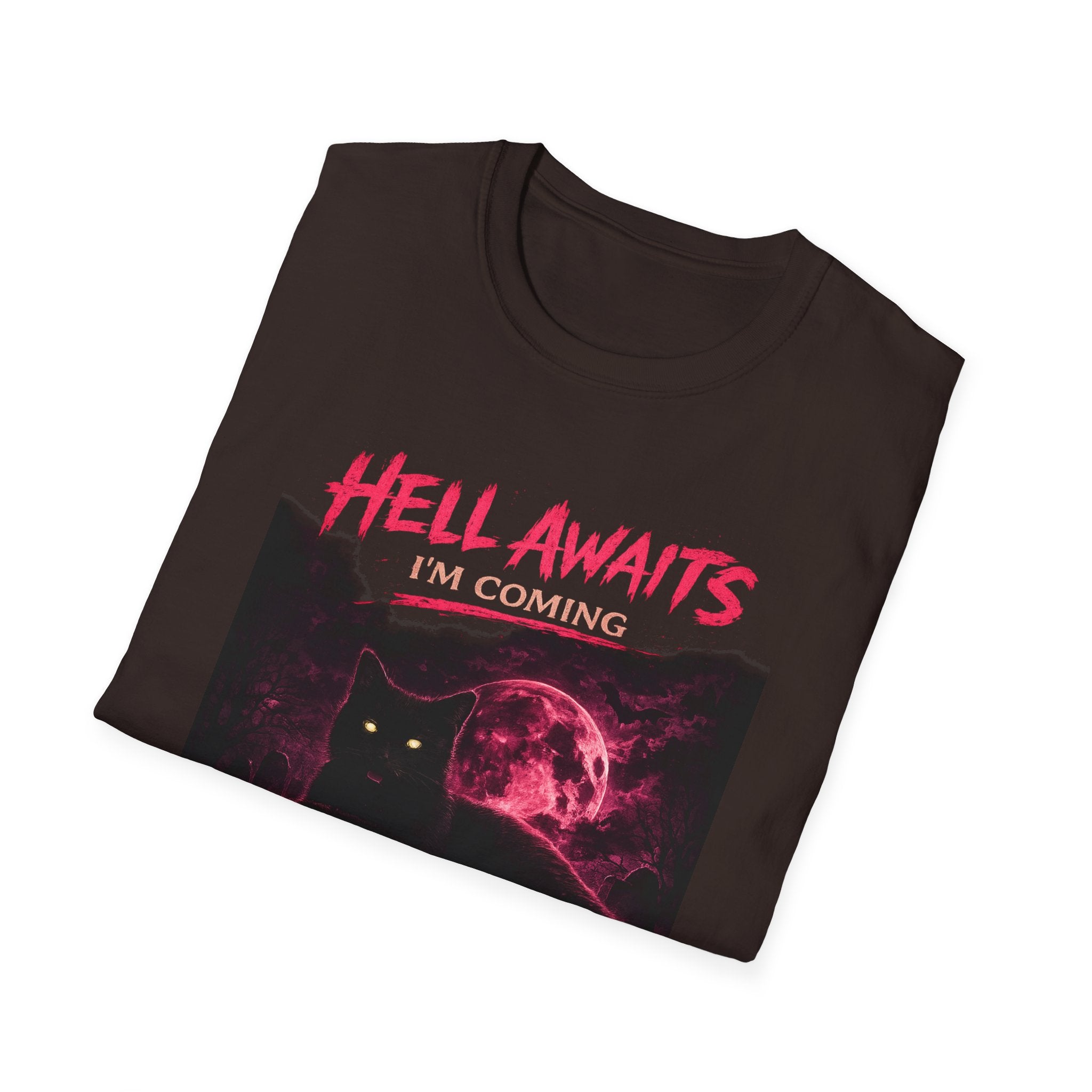 Hell Awaits I'm Coming cat graphic T-Shirt | Gothic moon, neon pink horror