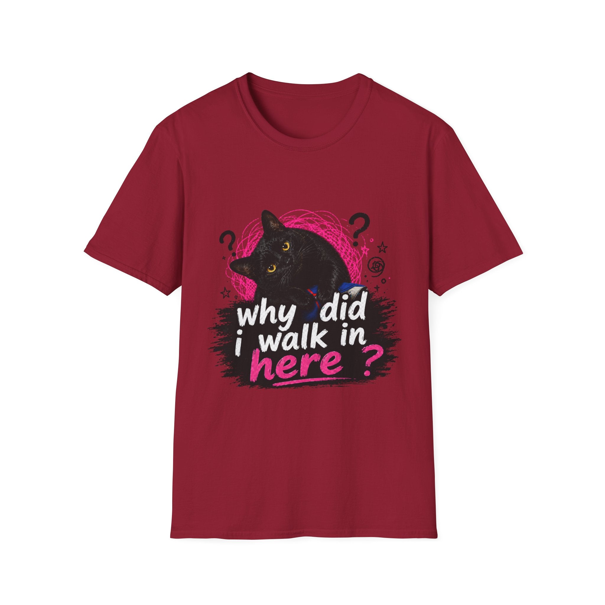 Confused Black Cat why did I walk in here? T-Shirt | Cat Humor Tee