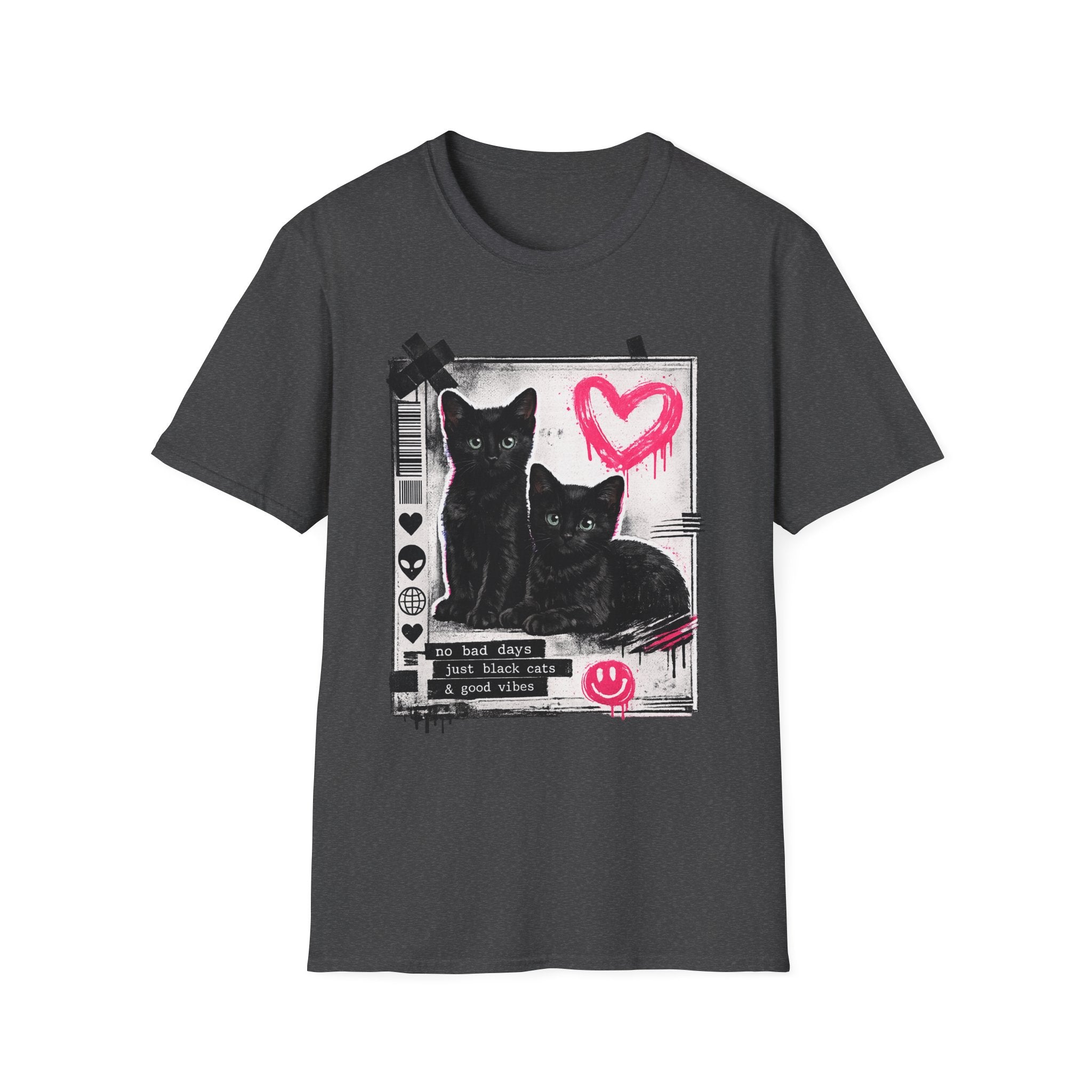 Black Kittens with Pink Heart T-Shirt | Grunge Cat Graphic, Cute Goth
