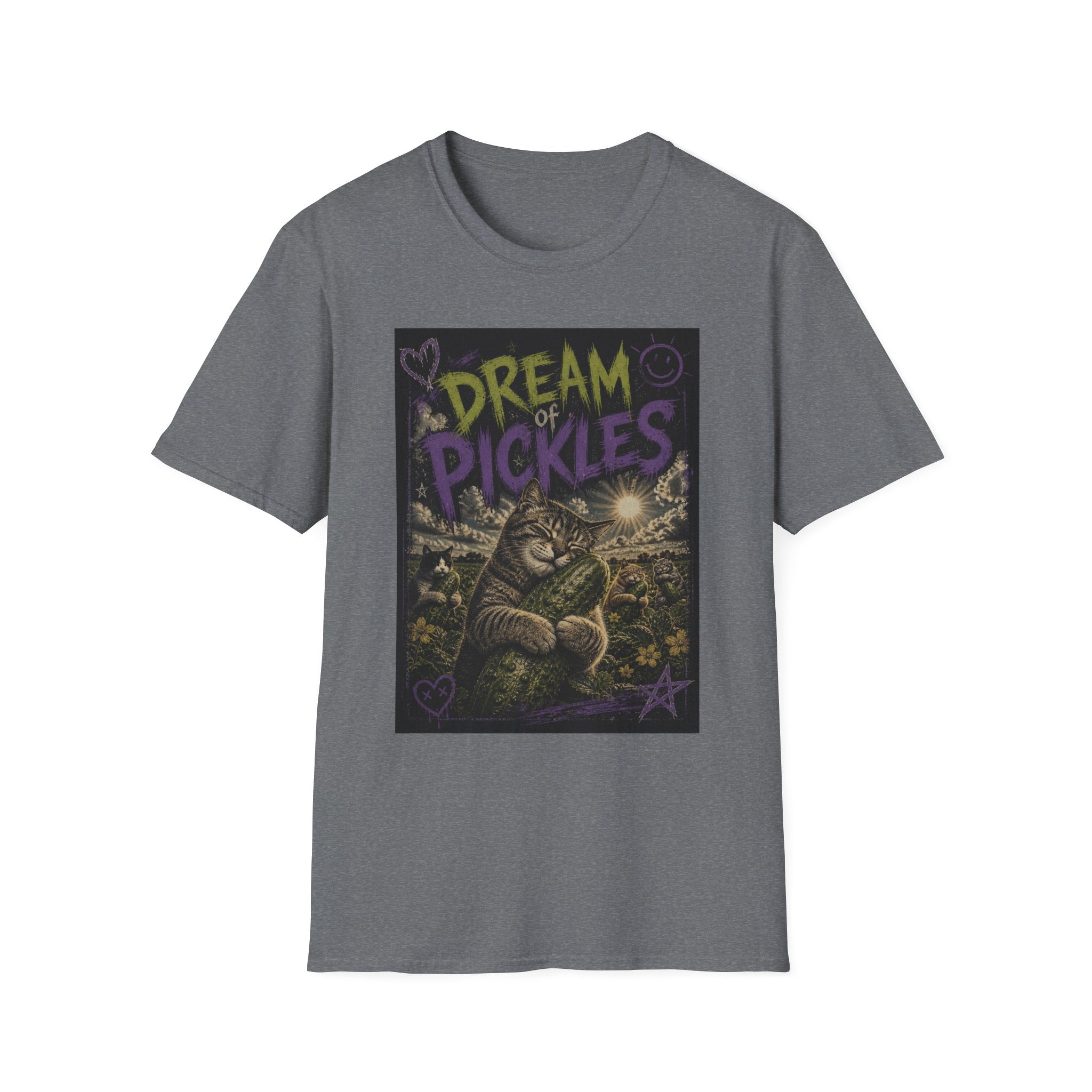 Dream of Pickles cat illustration T-Shirt | whimsical night scene, purple text