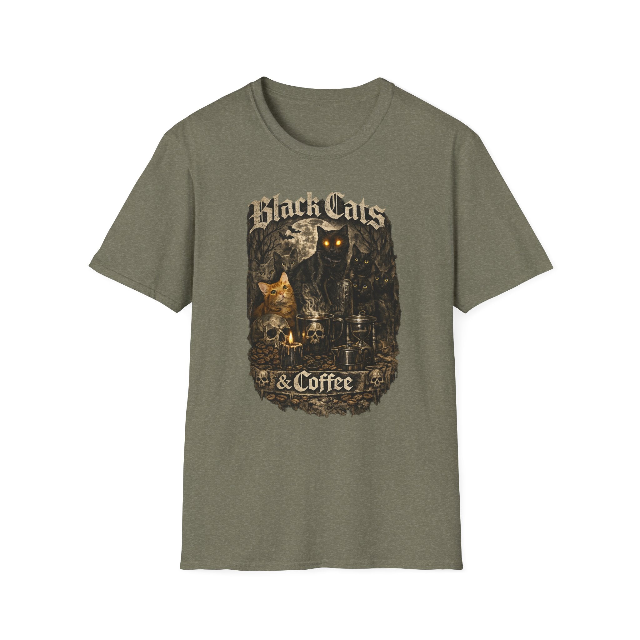 Black Cats & Coffee T-Shirt | Vintage Gothic Cat Illustration, Coffee Lover