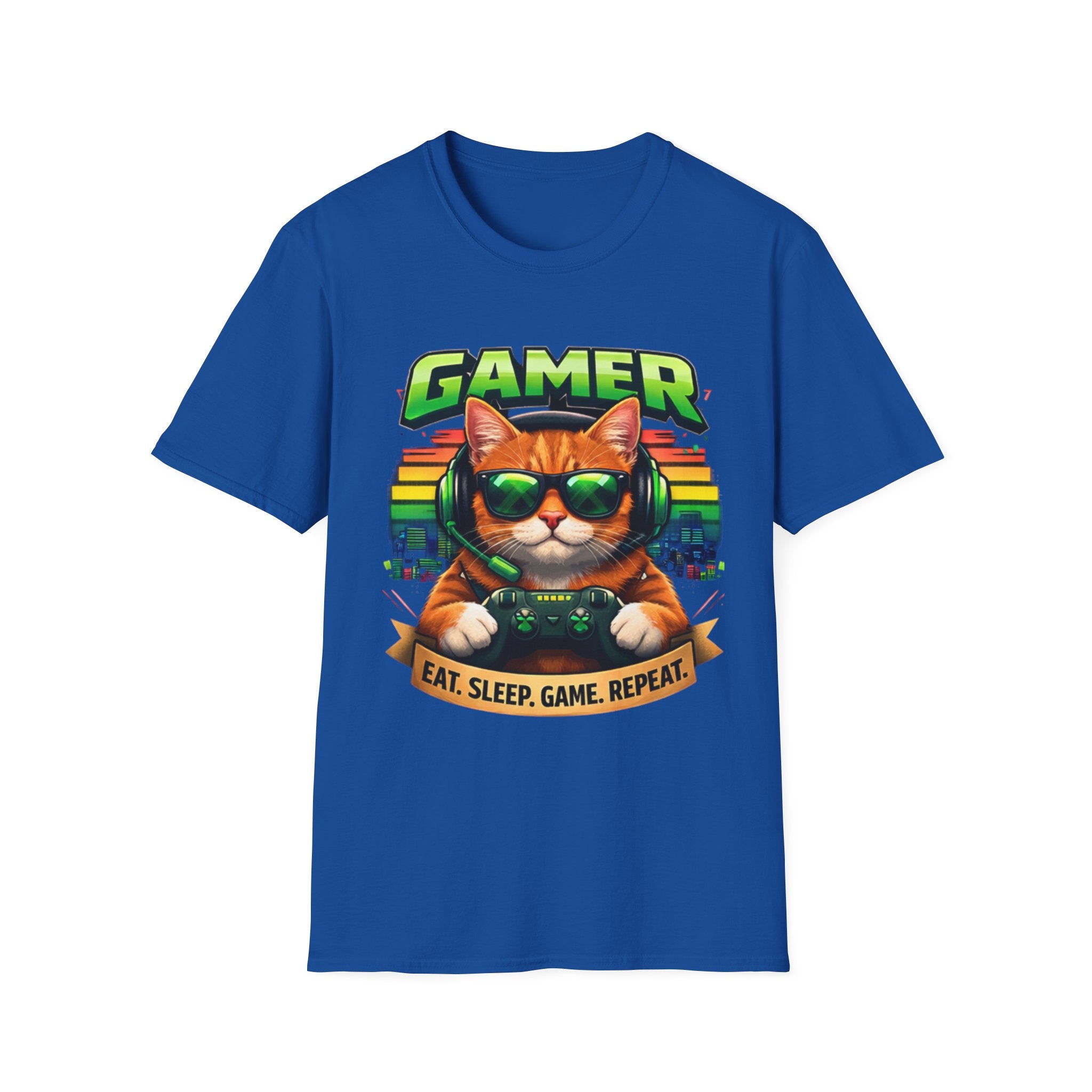 Gamer Cat with Controller T-Shirt | Eat Sleep Game Repeat