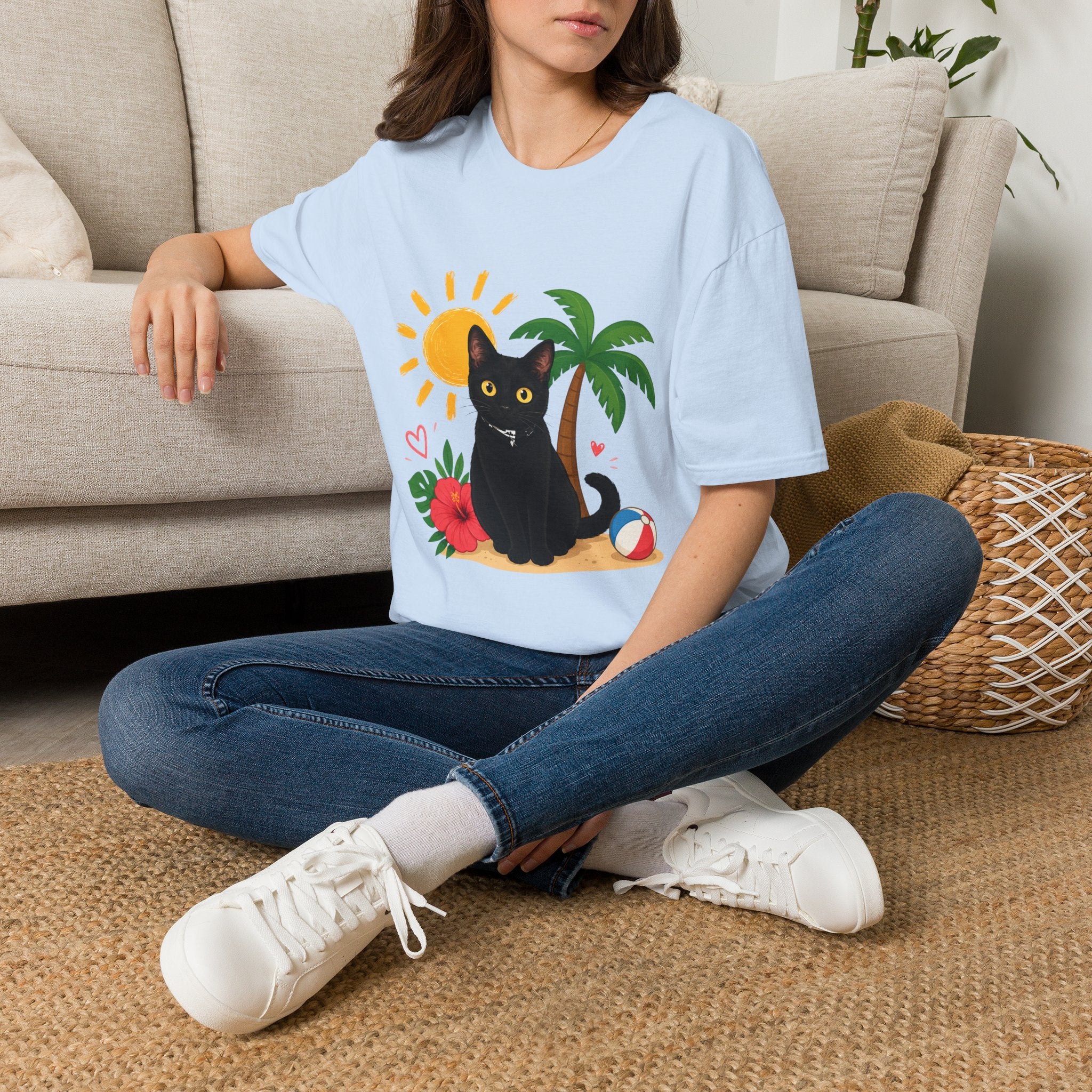 Black Cat Beach Scene T-Shirt | Palm Tree, Sun, Hibiscus