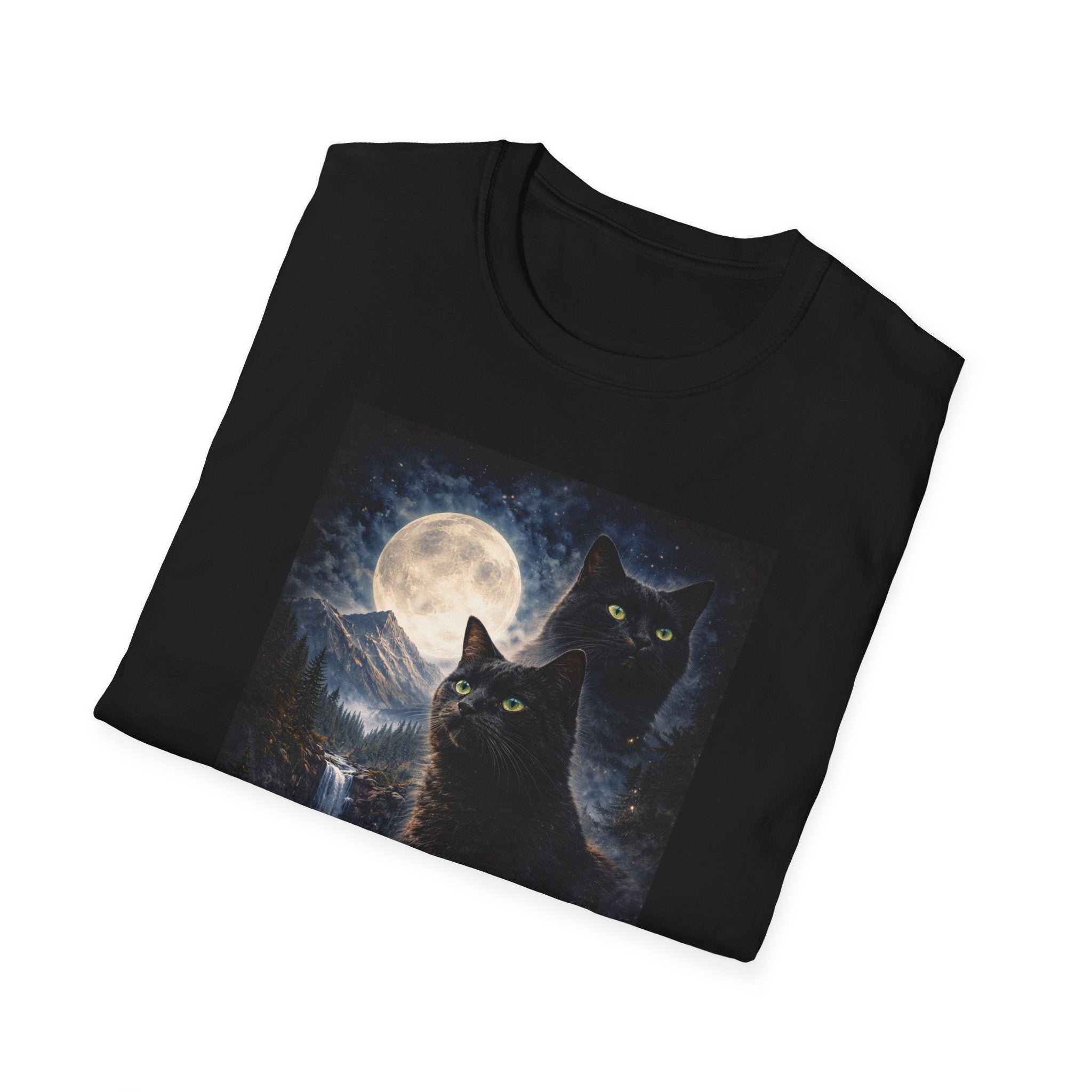 Moonlit Black Cats T-Shirt | Full Moon, Night Forest, Mystical Cat Art