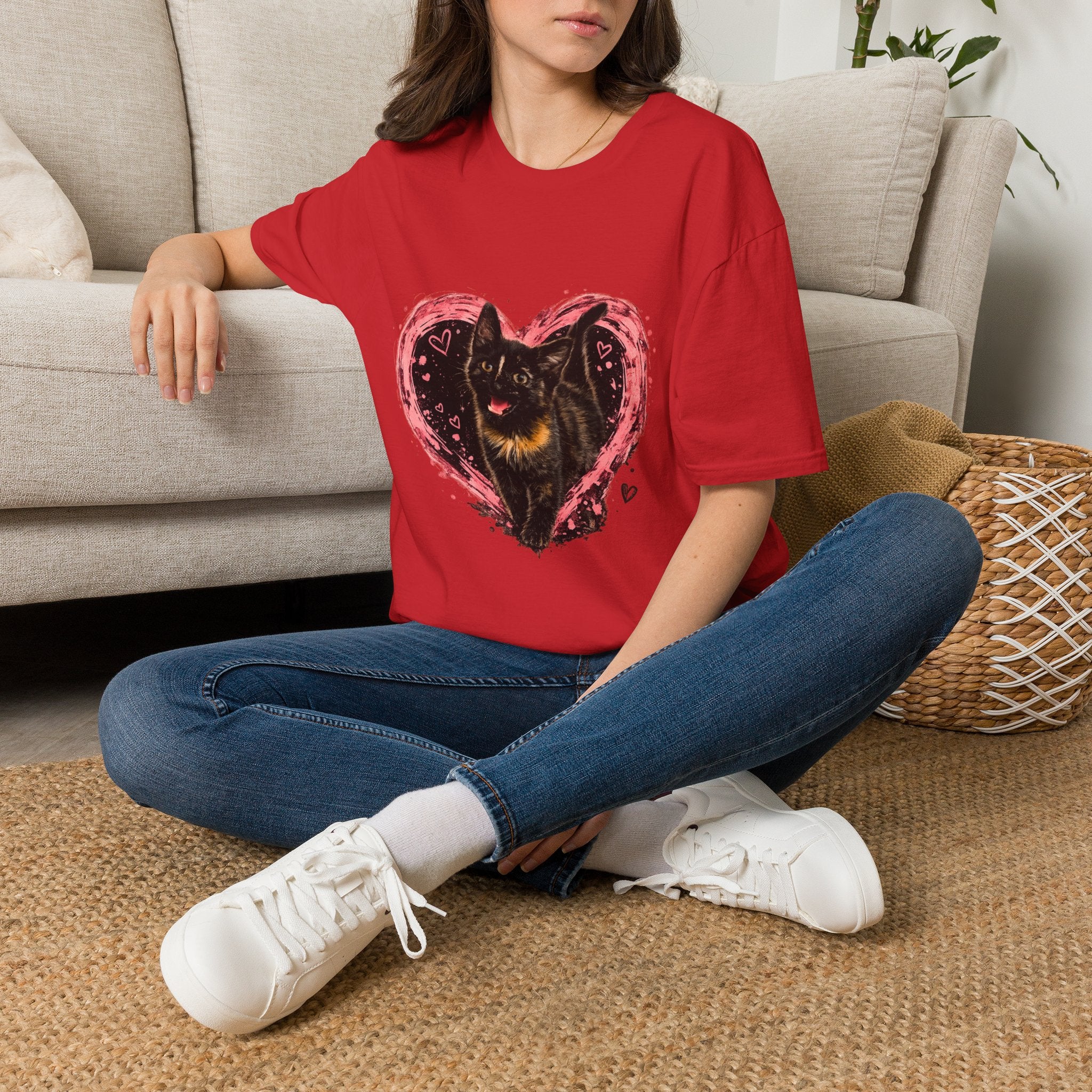 Black Cat in Pink Heart T-Shirt | Cute Cat Portrait Tee