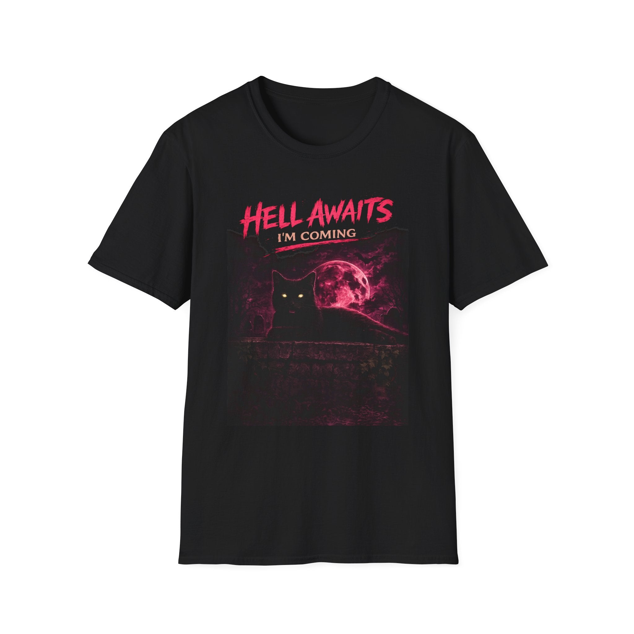 Hell Awaits I'm Coming cat graphic T-Shirt | Gothic moon, neon pink horror